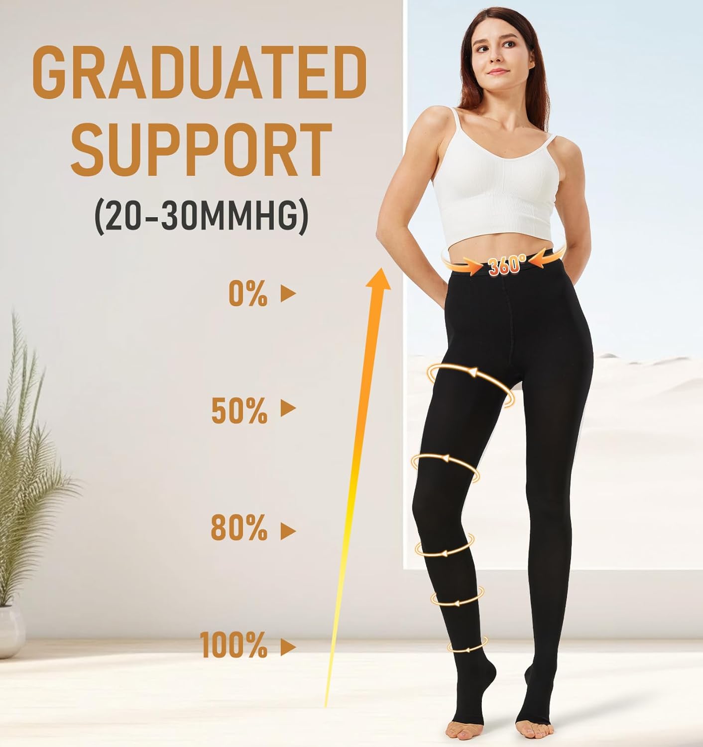 NURCOM 20-30 mmHg Compression Pantyhose for Women & Men, Open Toe Medical Compression Stockings, Waist High Opaque Compression Tights, Graduated Support for Varicose Veins, Edema, DVT, Post Surgery - Image 2