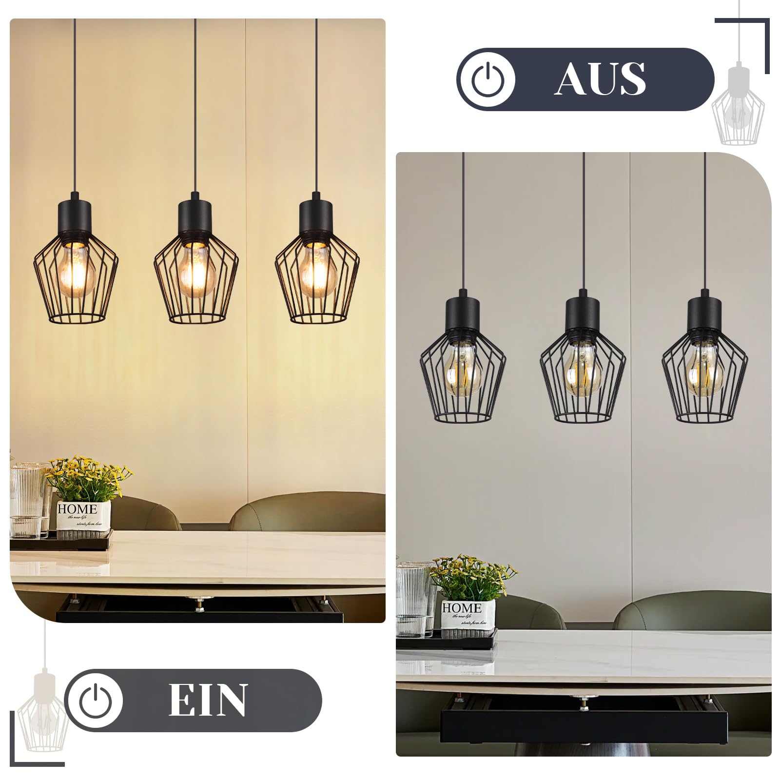 Pendellampe 3 Flammig Hängeleuchte Metall - Hängelampe Schwarz E27 Esszimmer Pendelleuchte Esstisch Küchenlampe Industrie LED für Flur Schlafzimmer Wohnzimmer Cafe