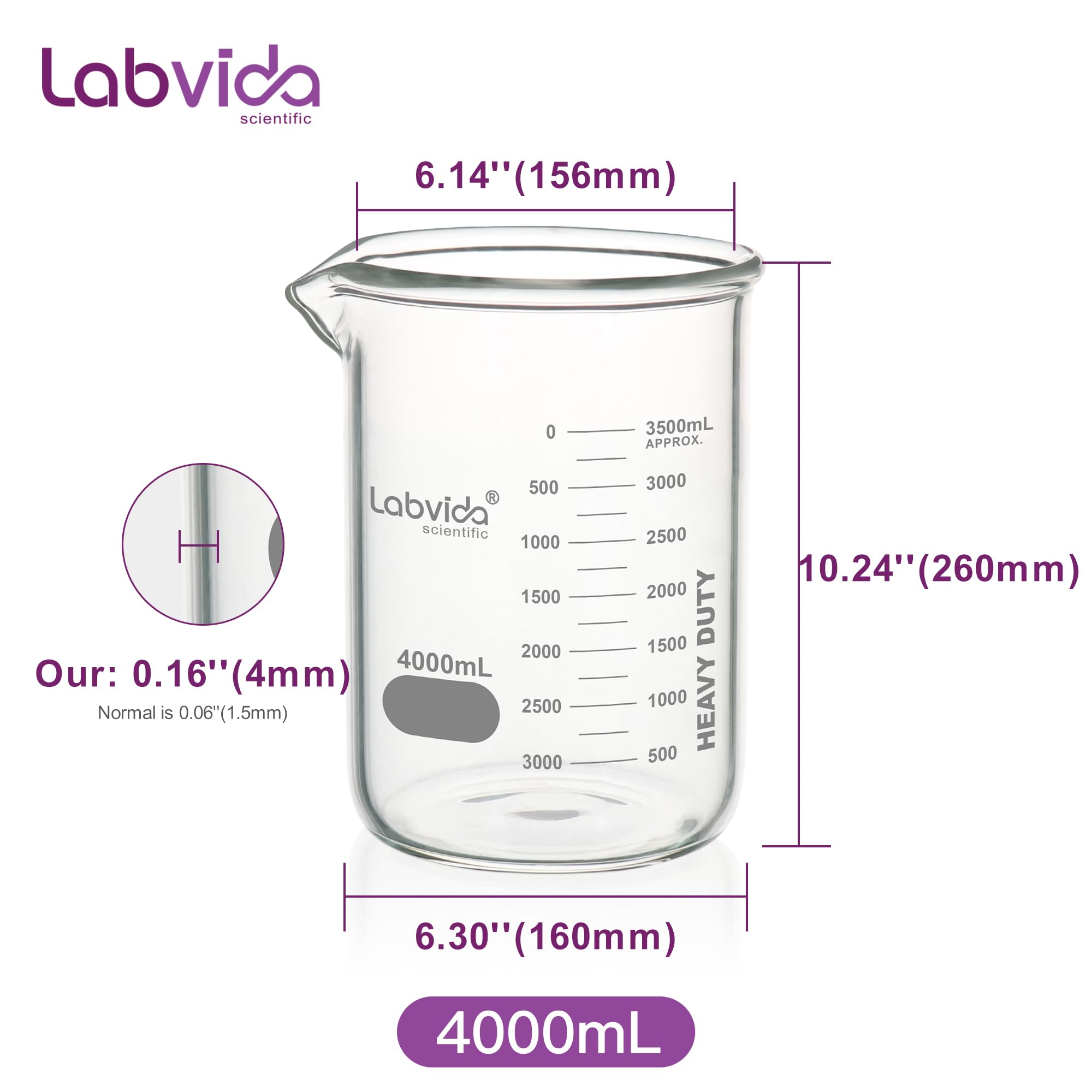 Robuste Glasbecher, Vol.4000 ml, dickwandig, 3,3 Boro-Griffin, niedrige Form mit doppelter Skala, bedruckter Graduierung für Labor, Industrie, Schulen und Zuhause, LVAC016