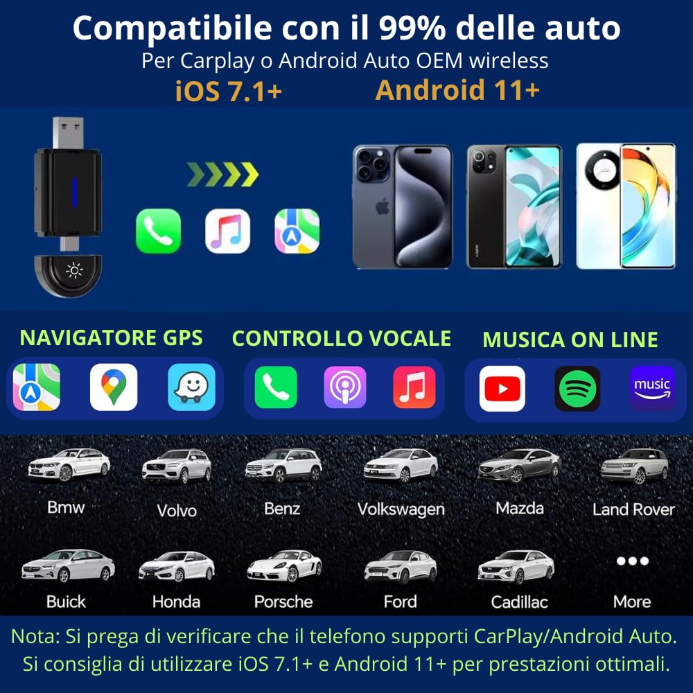 Adattatore Carplay Android Auto 2 in 1 sistema multimediale auto Wireless Converte Carplay Android Auto cablato di fabbrica senza fili, adatto per Audi/VW/Opel/Citroen (2016+) 5.8 GHz WiFi