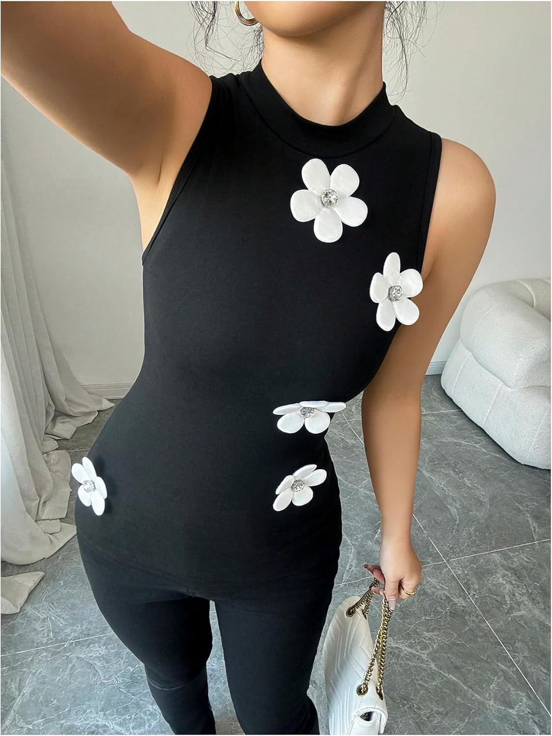 SOLY HUX Women's 3D Floral Tank Top Mock Neck Sleeveless Slim Fit Summer Tops - Image 3