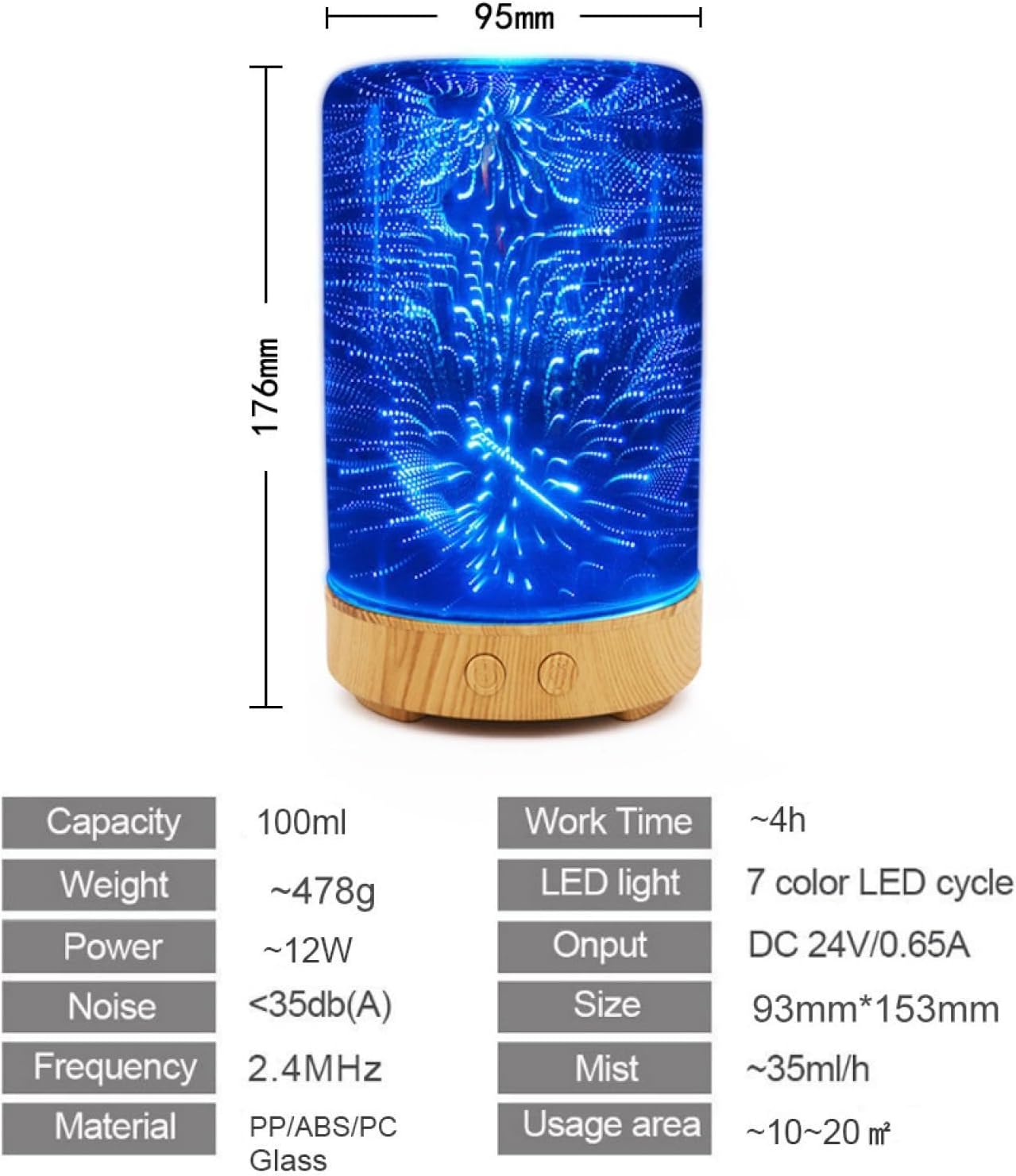 Essential Oil Diffuser, Atomized Humidifier 3D Glass Ultrasonic, Automatic Shut-Off, Timing Settings, 7 Colors Led Light Replacement Suitable for Home Fireworks-Darkwoodgrainbase