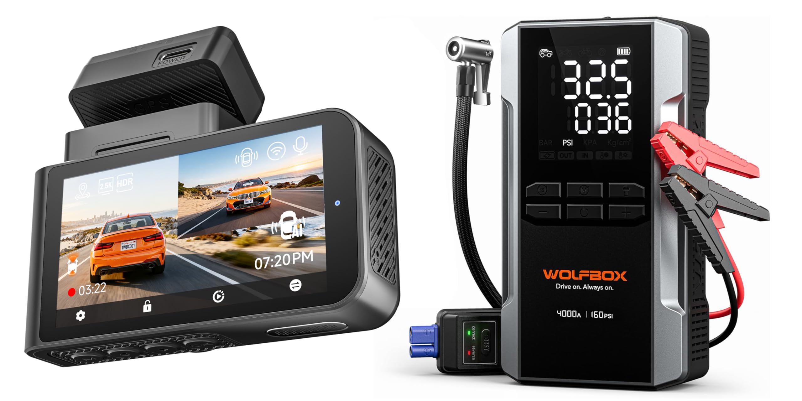 WOLFBOX 4000A Jump Starter with 160PSI Air Compressor X3 Dash Cam
