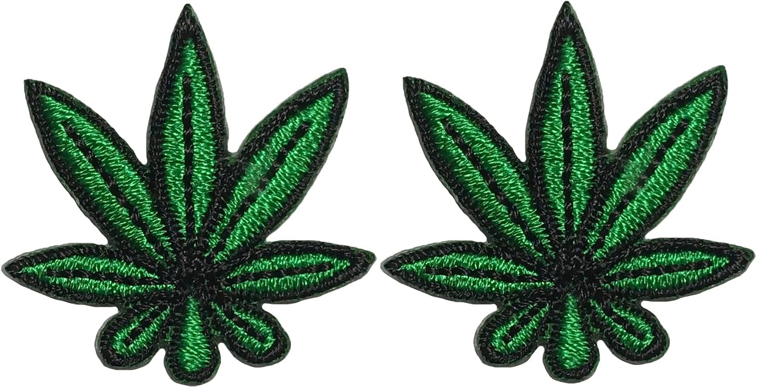 Set 2 of Small Mini Tiny Cute Marijuana Leaf Weed Decal Decorative Repair Clothes Jacket T-Shirt Bags DIY Applique Sew on Iron on Embroidered Patches - Green (MRJN-GRN-MINI02)