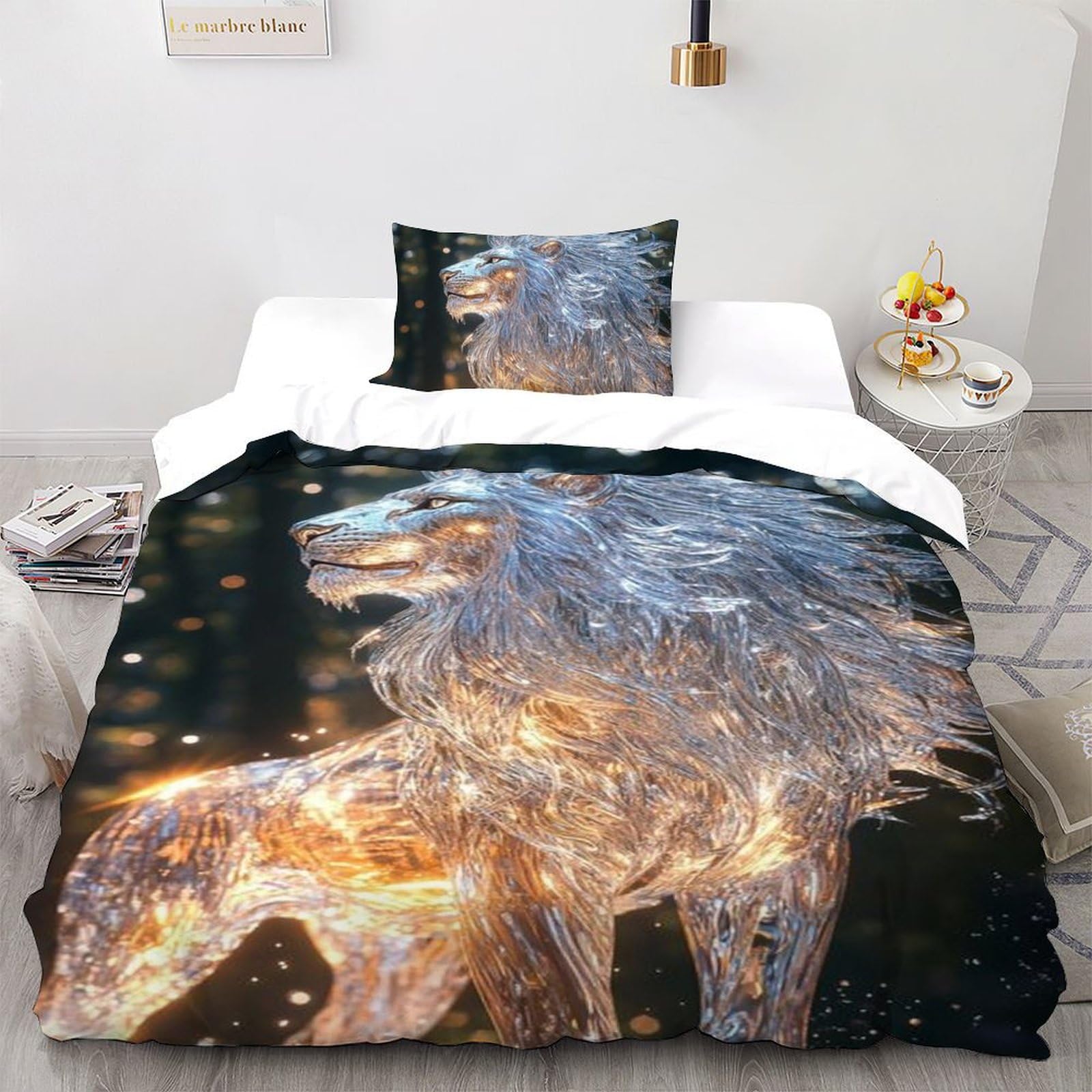 Housse de couette lion 3D finition haut de gamme en microfibre soyeuse pour lit single