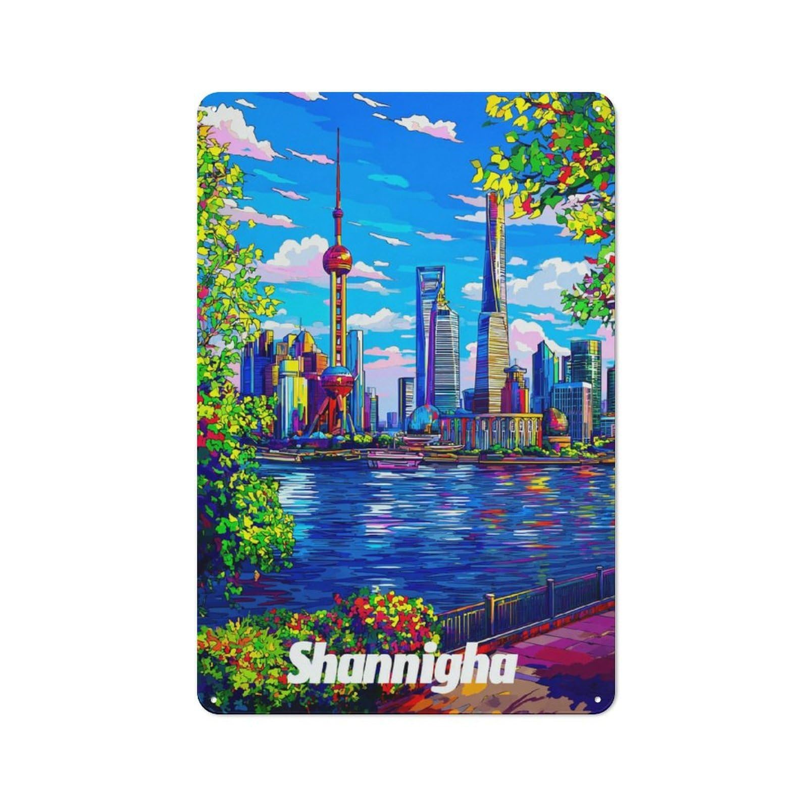 Junmoney Colorful Cityscape By The Water Retro Metal Sign 30X20cm, Home Bar Decor For Pub, Home Bar, Shed Or Man Cave, For Relaxed Wall Styling