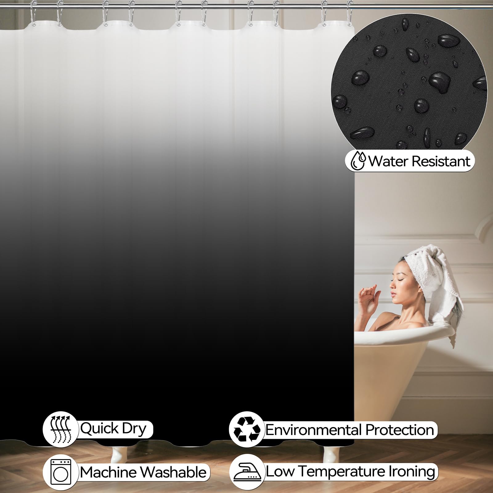 XLHOMO Juego de 22 piezas de accesorios de baño negros completos con cortina de ducha negra degradada, papelera, soporte para cepillo de dientes, vaso para cepillo de dientes, dispensador de jabón,