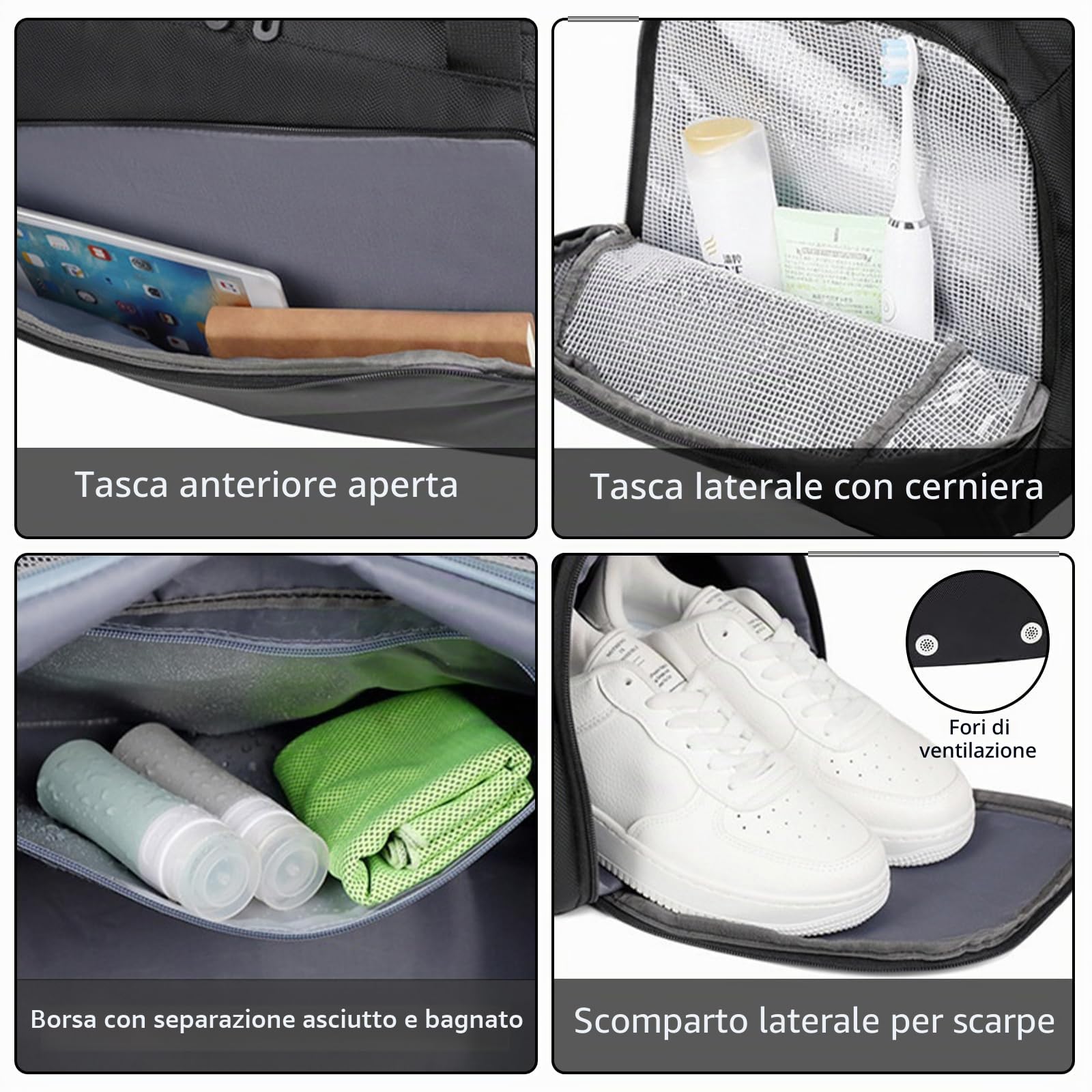 flintronic 40L Borsone Palestra Uomo & Donna, Grande Borsa Sportiva, con Scomparto per Scarpe e Tasca Bagnata, Impermeabile Borsone da Viaggio, per Sport Viaggi Fitness Piscina Yoga Pilates, Nero