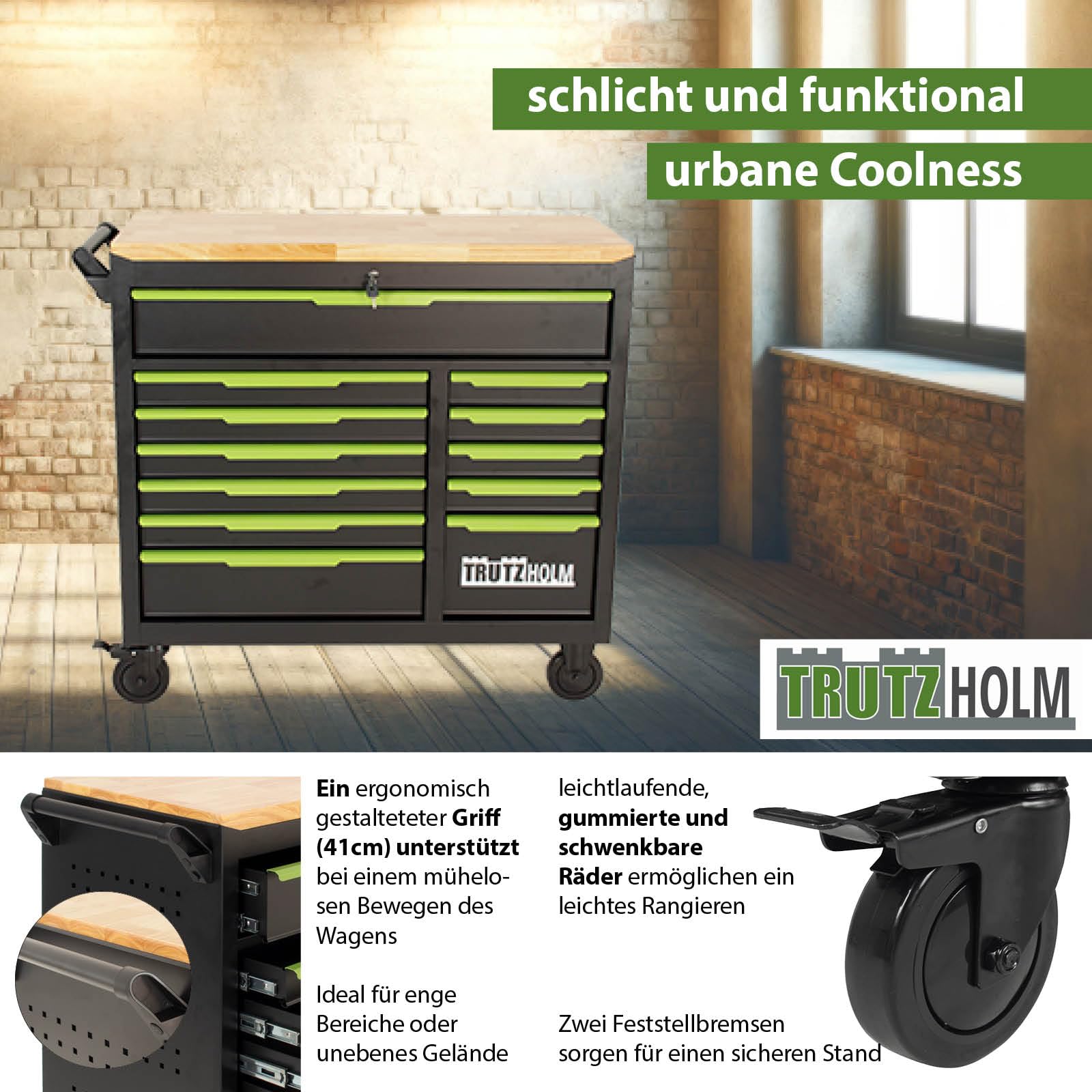 TRUTZHOLM Werkstattwagen Star XL 12 Schubladen unbestück Hartholz-Arbeitsplatte schwarz/grün 103 x 112 cm mit Feststellbremsen, abschließbar