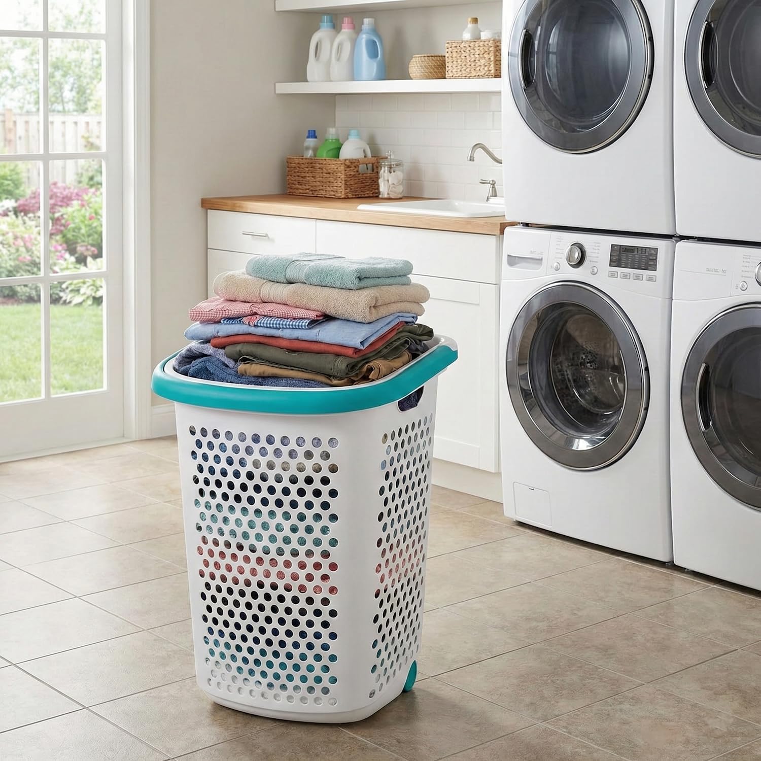 Wheeled Design Clothes Laundry Basket, White Large Capacity Hamper with Pop-up Handle Design 70.52 Liter Capacity Ventilated, Easy to Clean for Families, Dormitories, Laundry Rooms and Apartment Etc