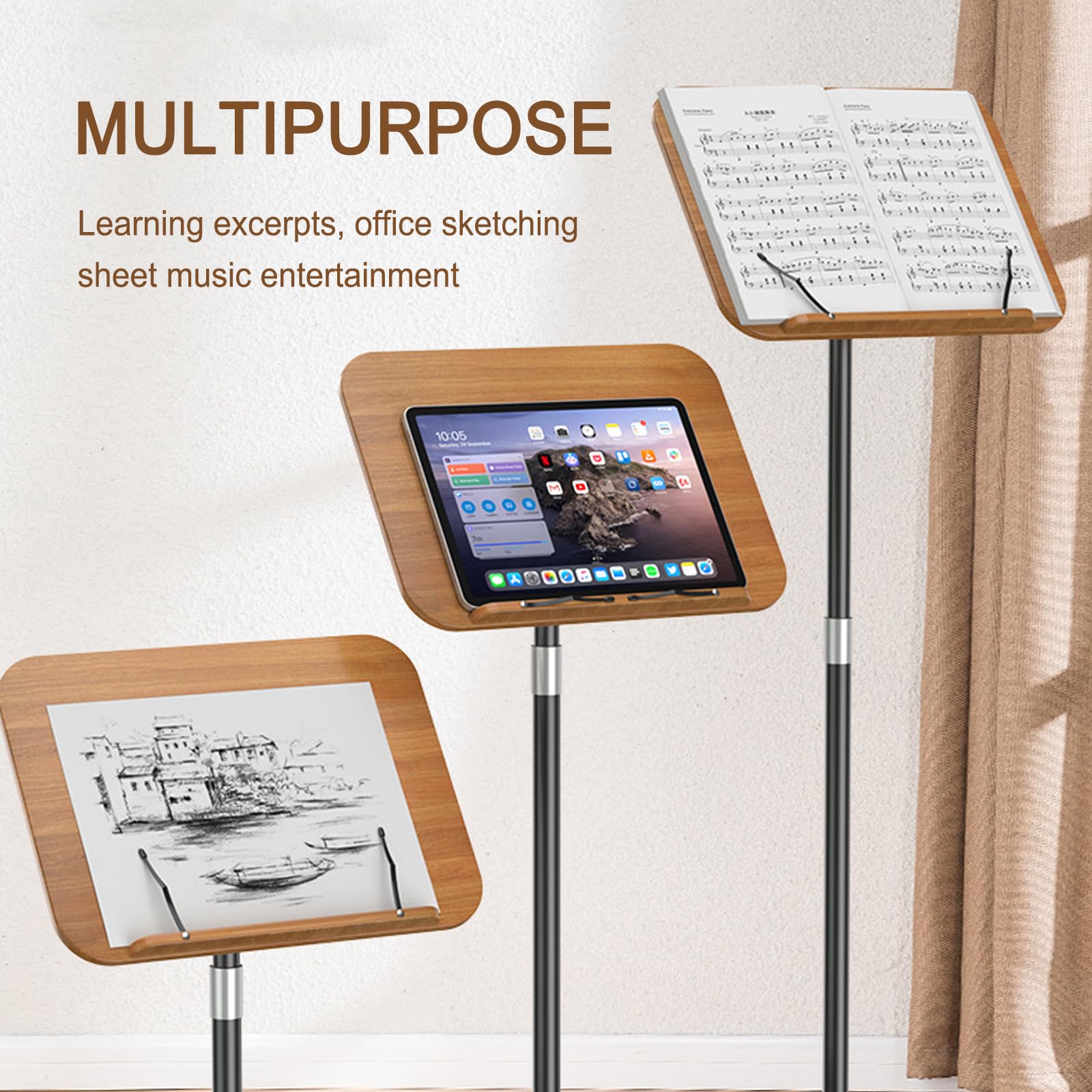 Pupitre De Lecture Sur Pied Réglable – Support Livre/Tablette – Hauteur 55 à 175 Cm – Plateau Bois Avec Pinces - 5
