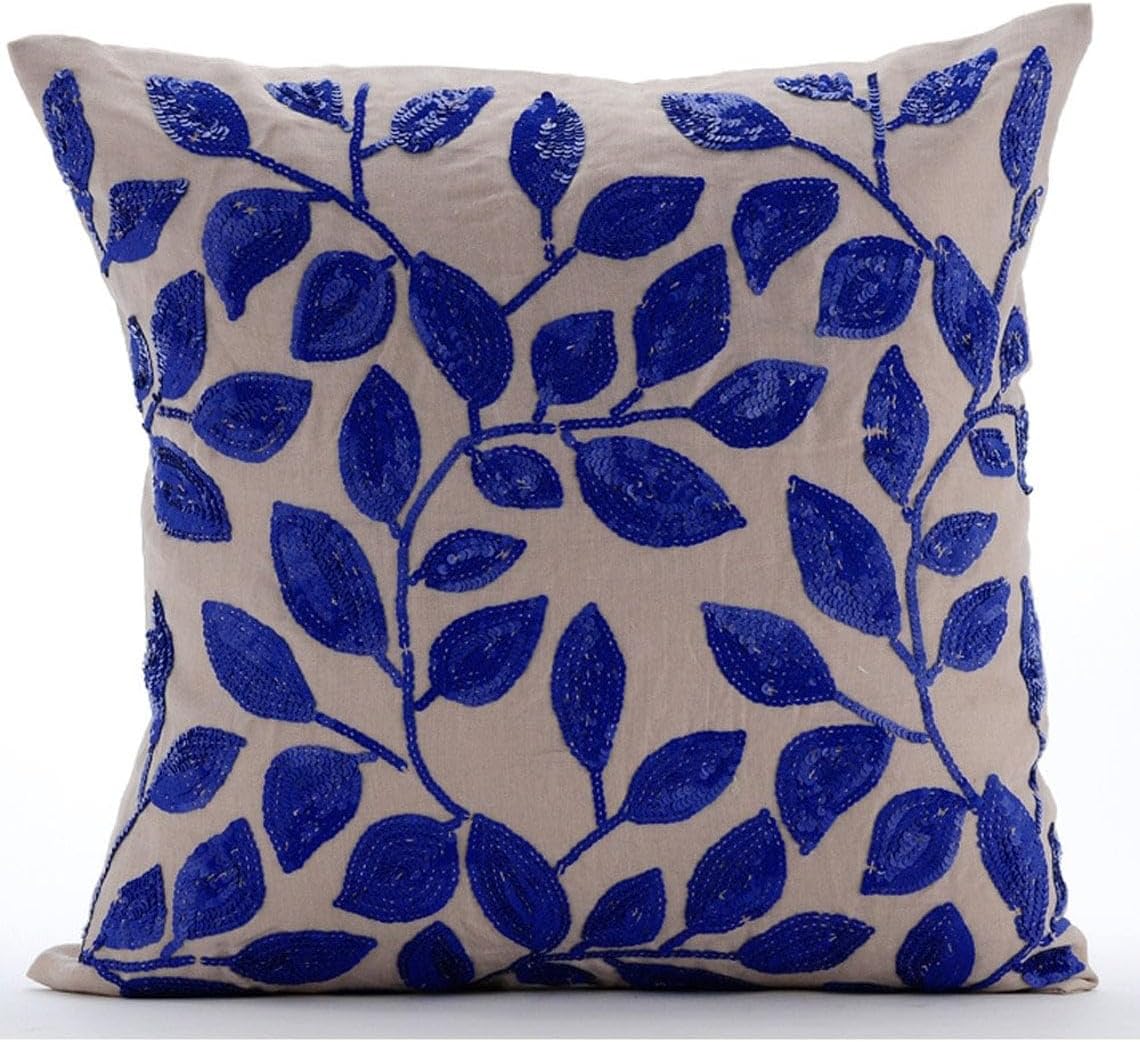 The HomeCentric Cushion Cover Custom, Decorative Royal Blue Euro Shams 26x26 inch (65x65 cm) Silk European Pillow Shams, Nature & Floral, Leaf, Sequins Embellished, Modern Euro Size - Royal Song