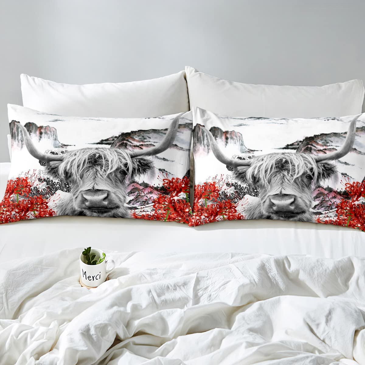 Set di biancheria da letto con mucca delle Highland con paesaggio altopiano, copripiumino per bambini, ragazzi, ragazzi, pascoli, mucche, fattoria, mucca, 3 pezzi