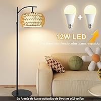 Vista 8 de Lámpara de pie de ratán boho con pantalla – Lámpara LED regulable brillante de 12 W, control remoto con 3 temperaturas de color, lámpara de pie