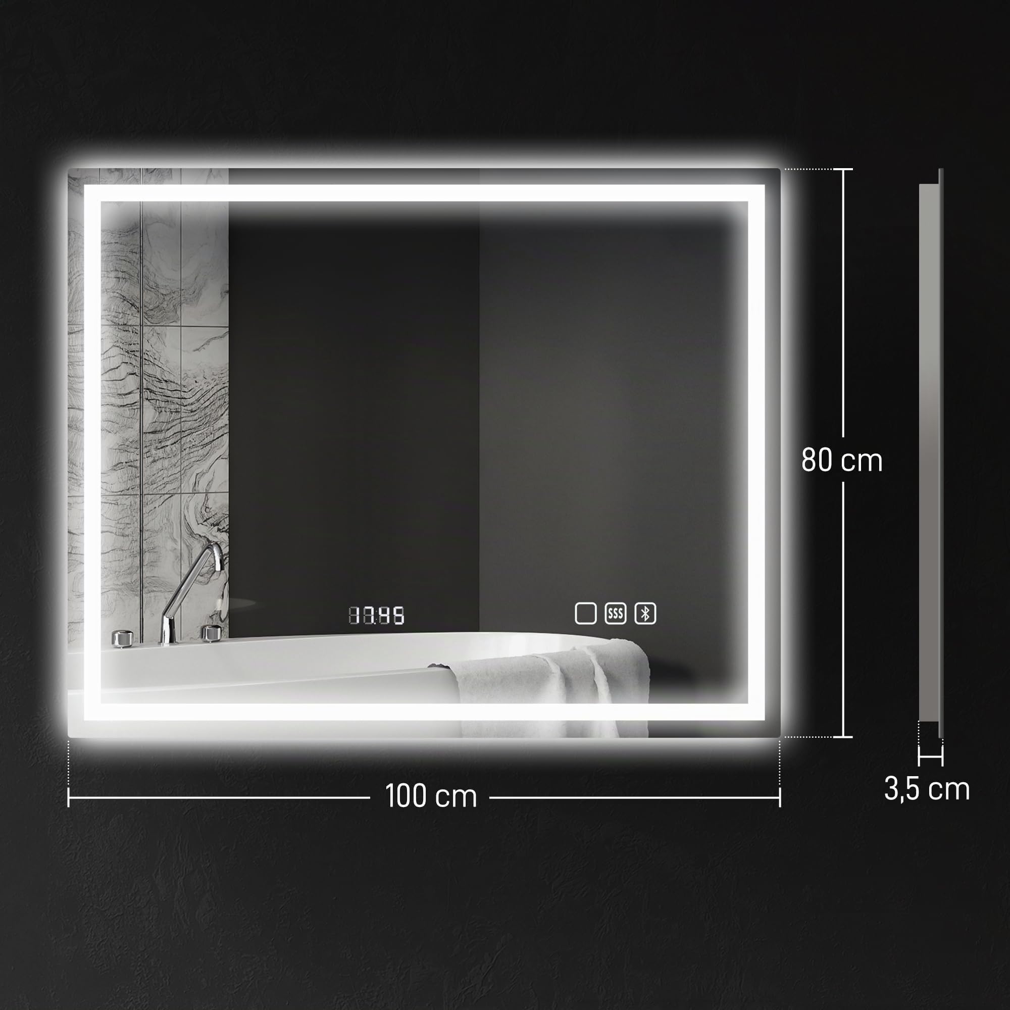 HOMCOM Badspiegel mit Beleuchtung 100x80 cm LED Spiegel Uhr Silber