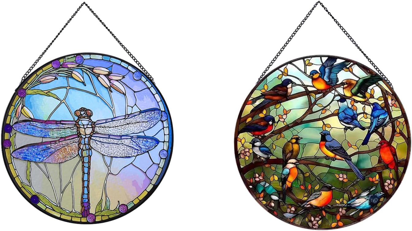 Dragonfly+Swallow Hanging Stained Glass Suncatcher for Windows,20cm/7.87inch Hand-Painted Sun Catcher Garden Hangings Christmas Mother's Day, Valentine's Day Ornaments Festival Gift(2Pcs)