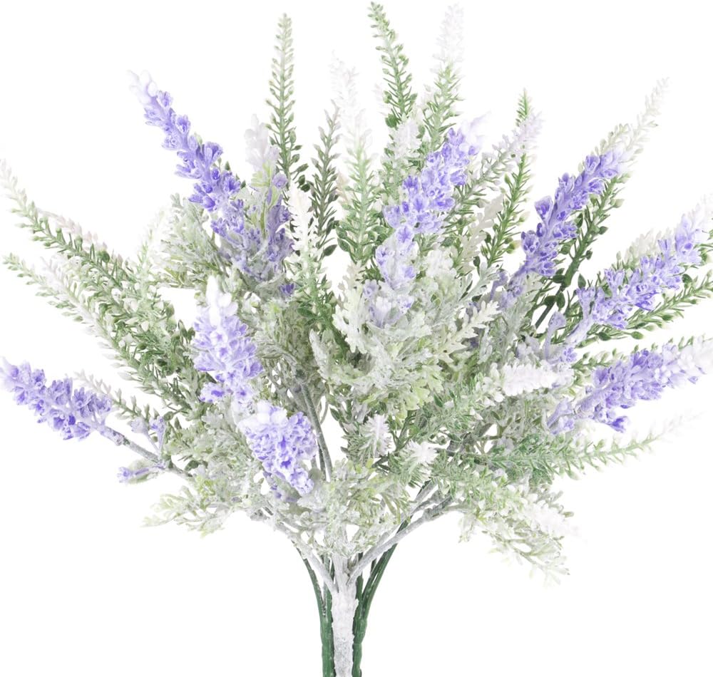 Artemiz Artificial Flowers Fake Plants for Wedding Bouquet - Flocked Snowy Lavender Arrangements Purple Lifelike Christmas Gift Home Garden Wedding Party Décor DIY Floral Bunch[White & Purple]