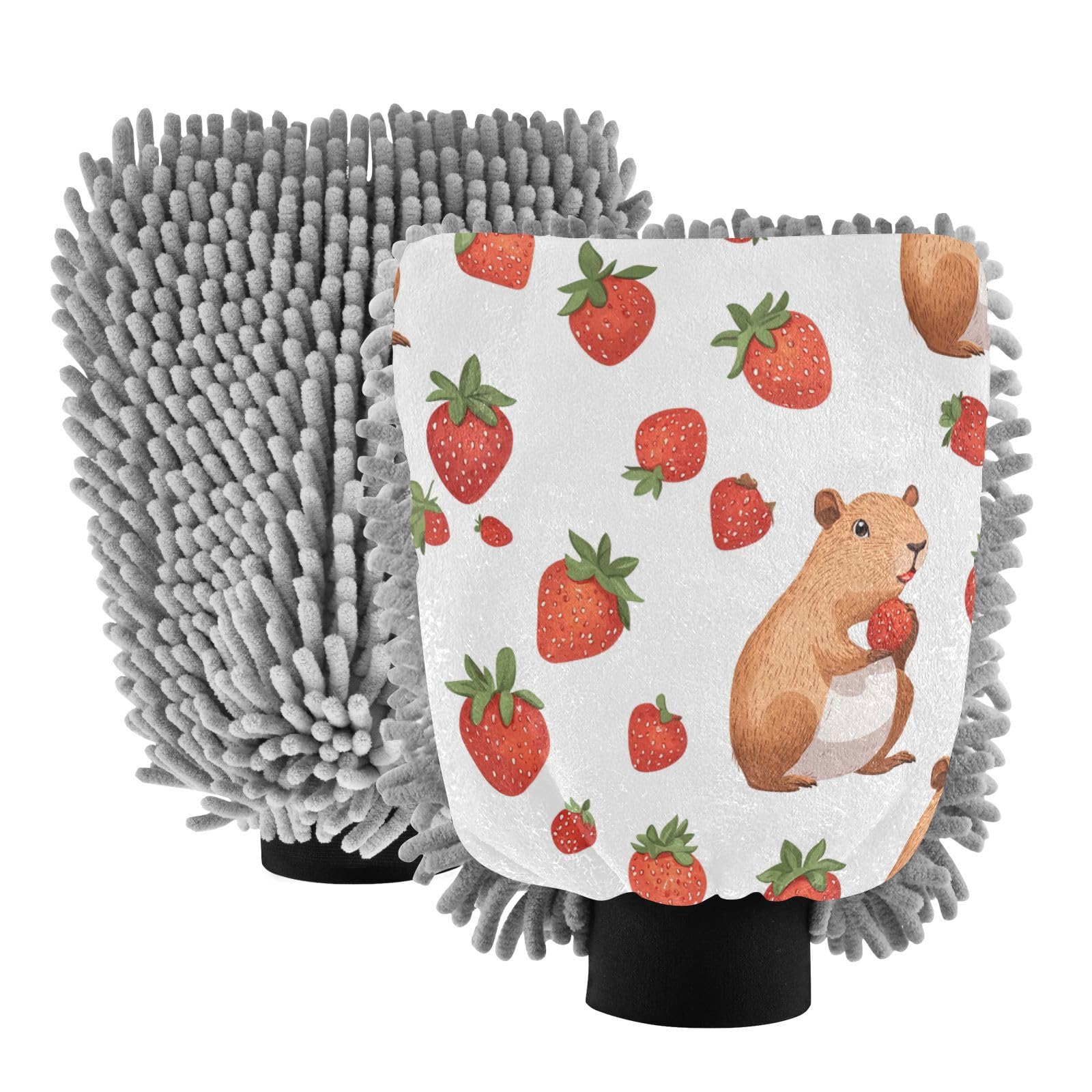 STAYTOP Cute Cartoon Capybara Car Wash Mitt Microfiber, 2Pcs Scratch Free Lint-Free, Premium Chenille Microfiber Mitt Car Wash Brush-M