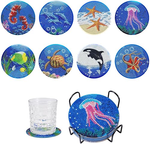 FASHEWELRY Juego de 8 posavasos de pintura de diamante de 4 pulgadas, diseño de animales oceánicos, para exteriores, para bebidas, manualidades,
