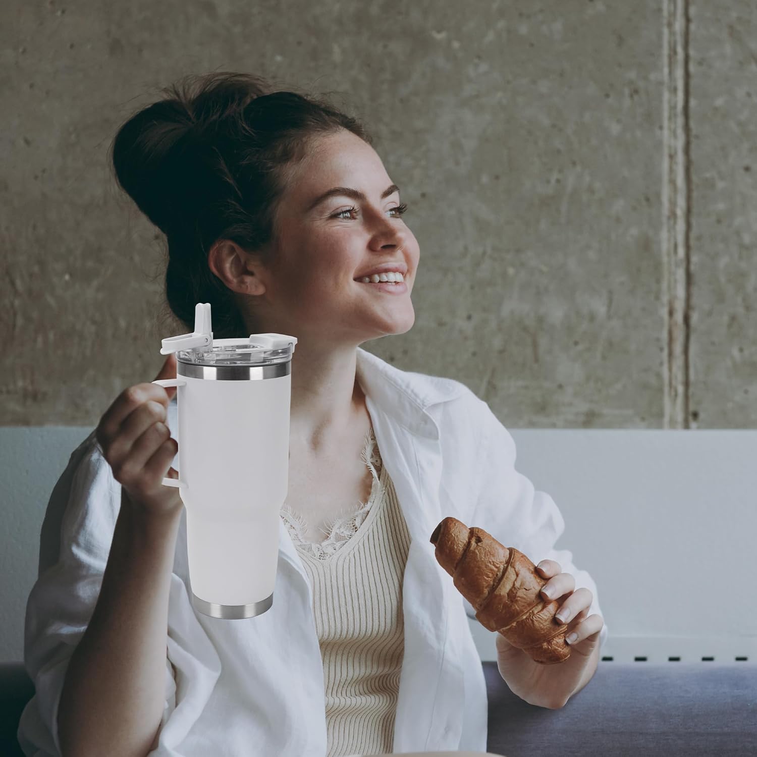 30oz Tumbler with Handle, Insulated Leak Proof Coffee Travel Mug with Straw Lid Double Wall Stainless Steel Vacuum Tumblers Metal Cup Keep Hot and Iced Drink for Gym, Office, Camping, White 1 Pack - Image 5