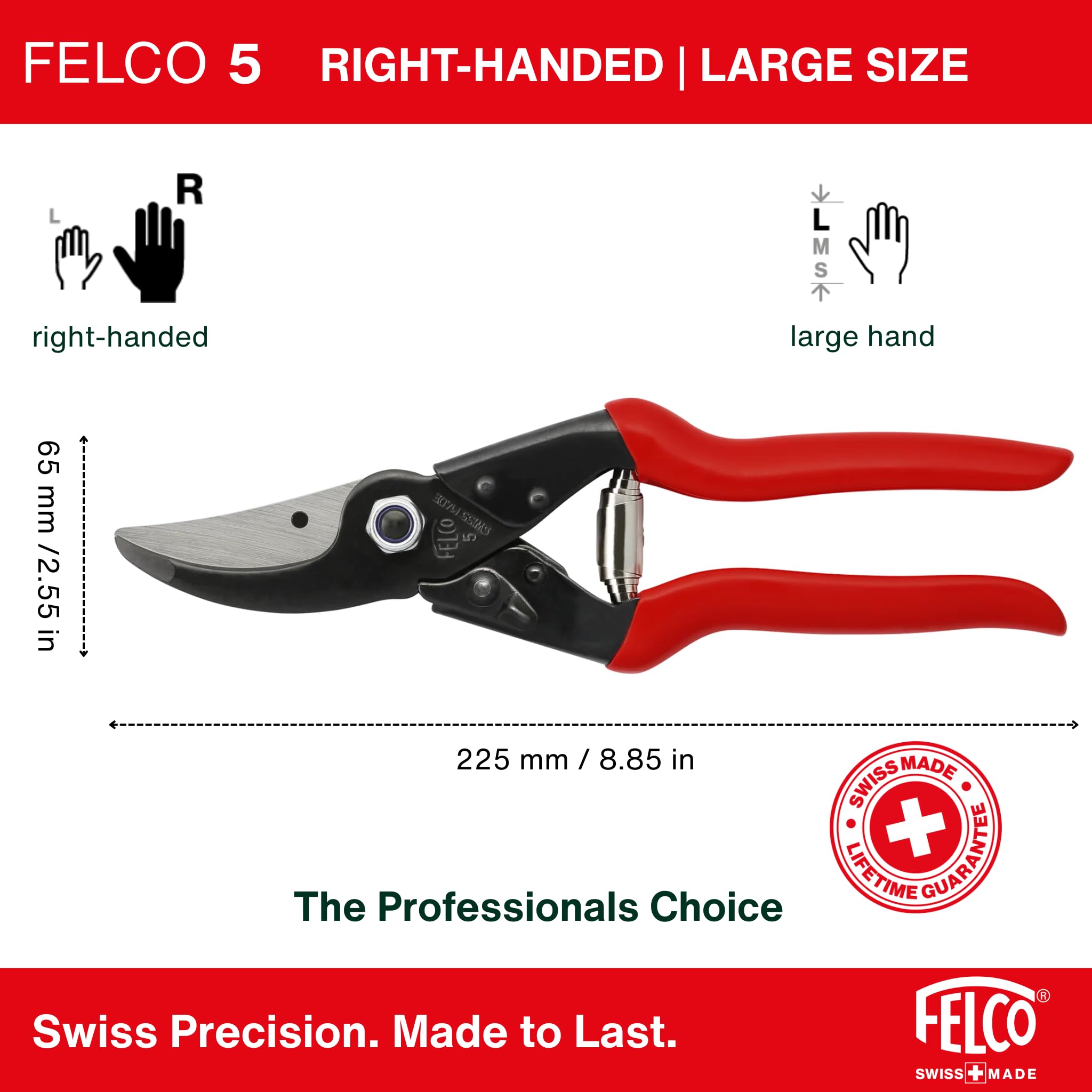 FELCO 5 Forbici da Potatura Professionali Bypass 25 mm in Acciaio per Mano Destra e Mani Grandi con Affilatore Multifunzionale FELCO 905