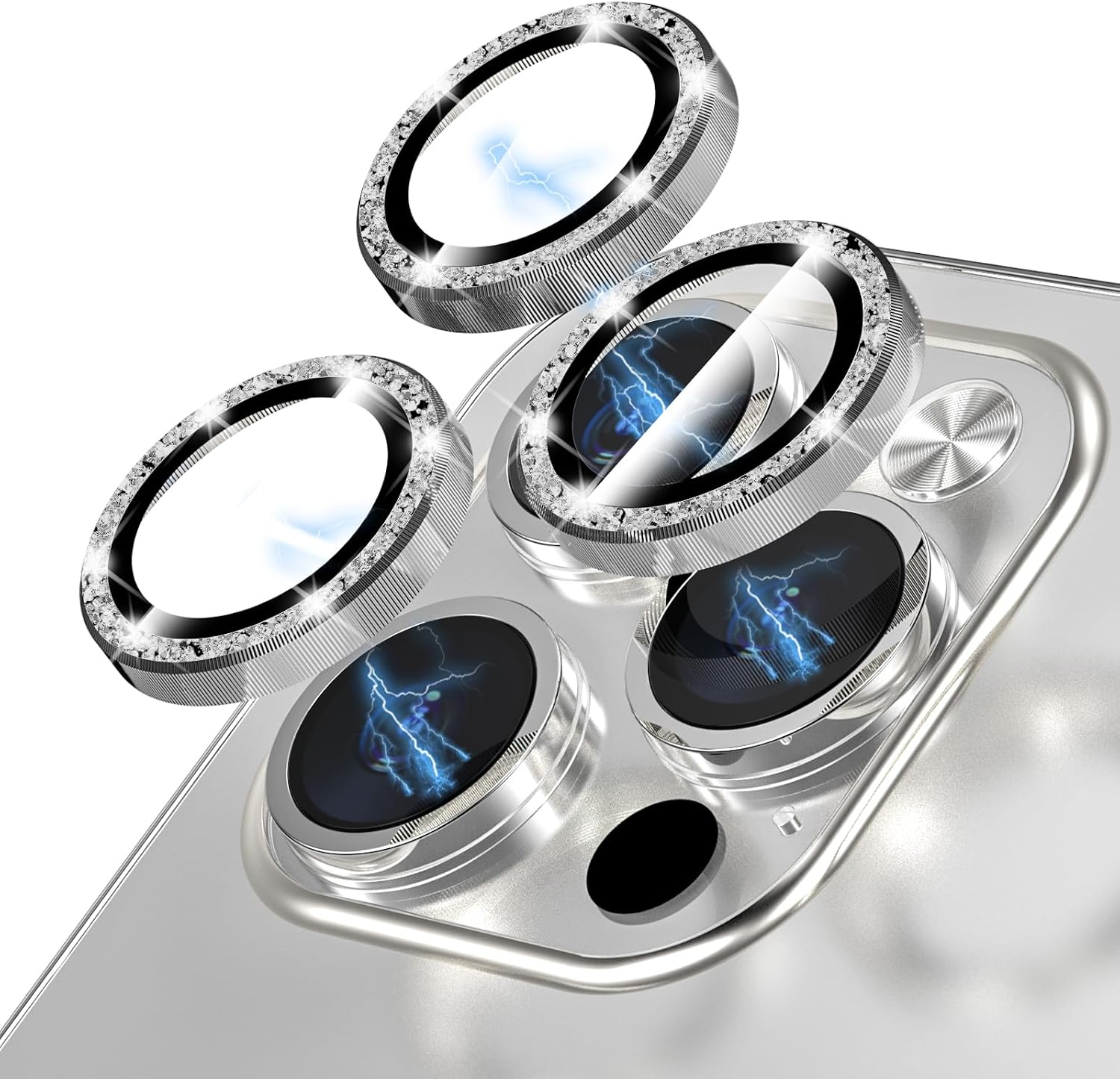 Bling Diamond Camera Lens Protector Cover Compatible for 15 Pro/15 Pro Max Full Coverage Camera Cover Screen Protector[Update] Shatter/Scratch-Resistant Ultra HD/Thin - Silver Diamond