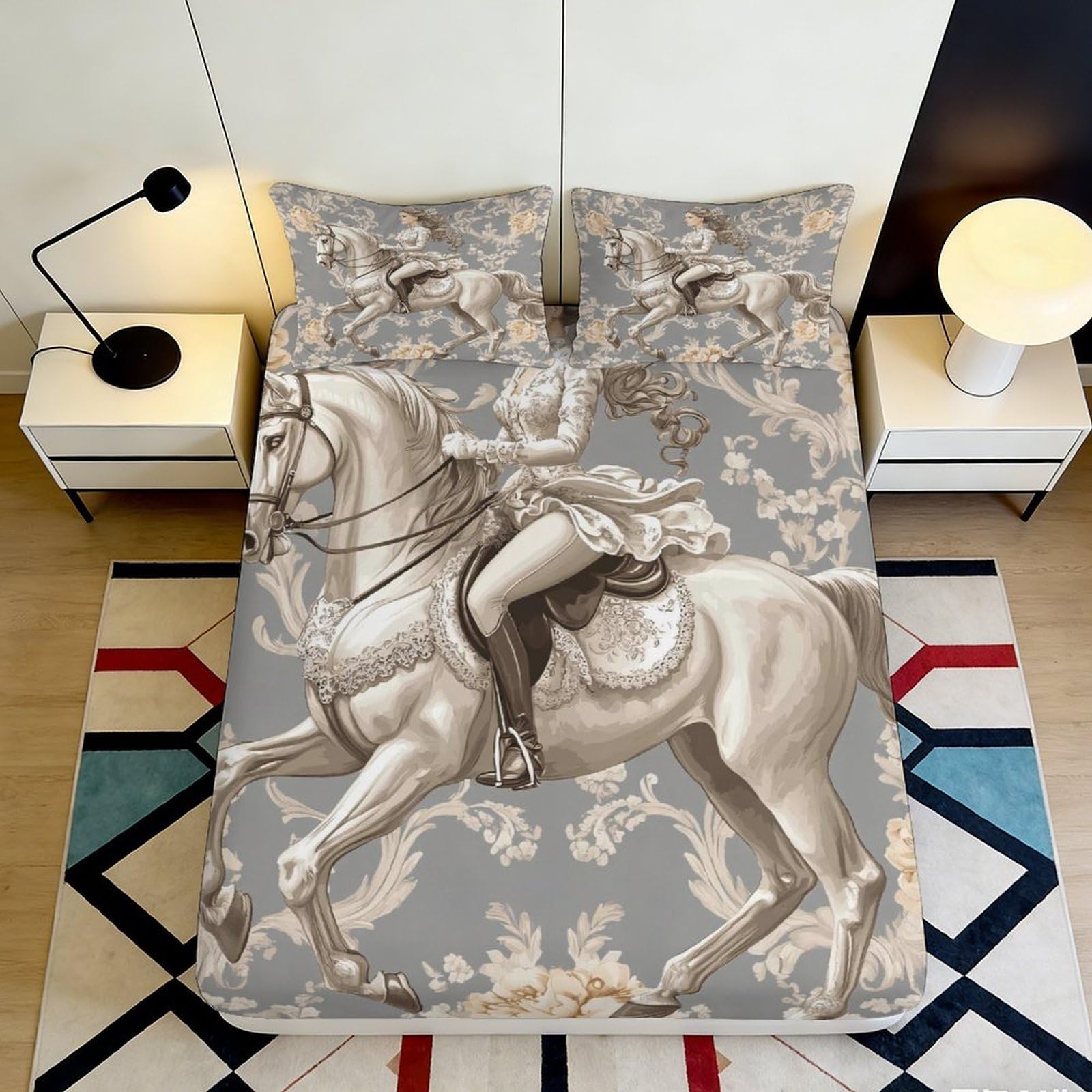 3D Printed Vintage Horse Fitted Sheet Microfiber Durable Soft 3D Printed Equestrian Mattress Cover for Bedroom Dormitory Guest Room 120x200x25cm