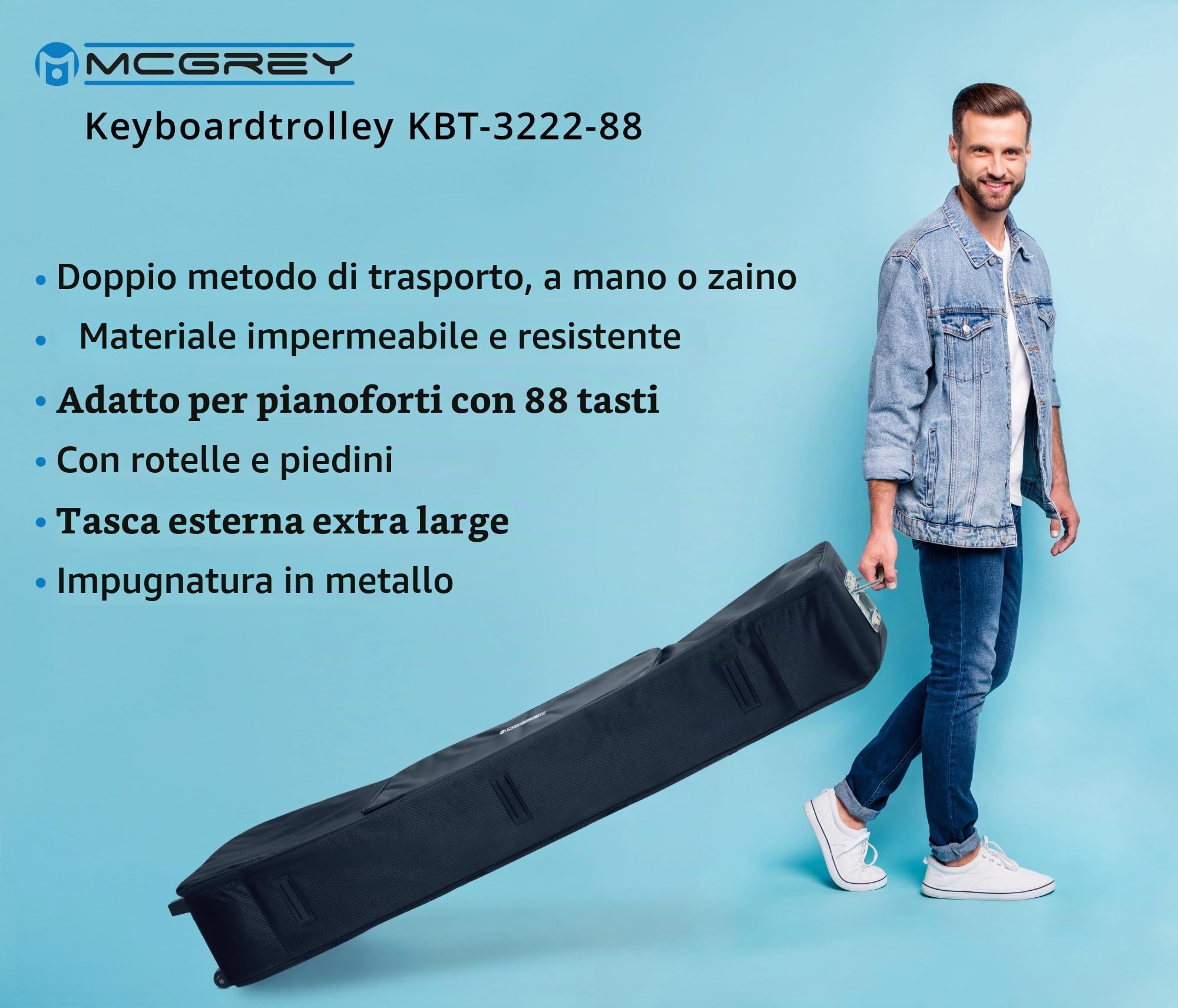 McGrey KBT-3222-88 Keyboardtrolley, Maniglia con chiusura a strappo | Valigia leggera con ruote per pianoforti con 88 tasti, Materiale idrorepellente, protegge da umidità e polvere, Peso: 3 kg
