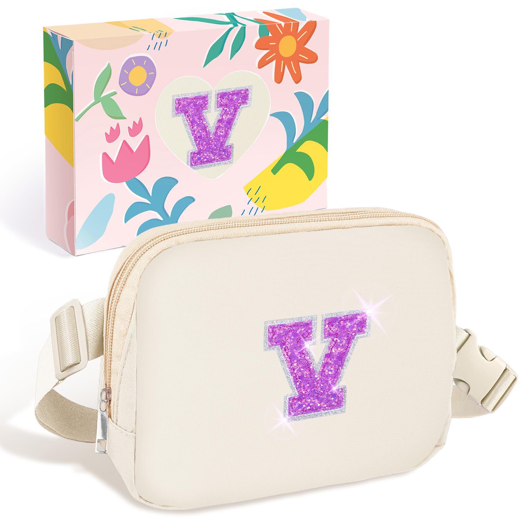 COSHAYSOO Easter Small Waist Fanny Pack Belt Bag with Initial Monogrammed Letter Patch A-Z and Adjustable Strap for Women Girls Running Traveling, Mini Crossbody Travel Purse Preppy Pouch Ivory (V)