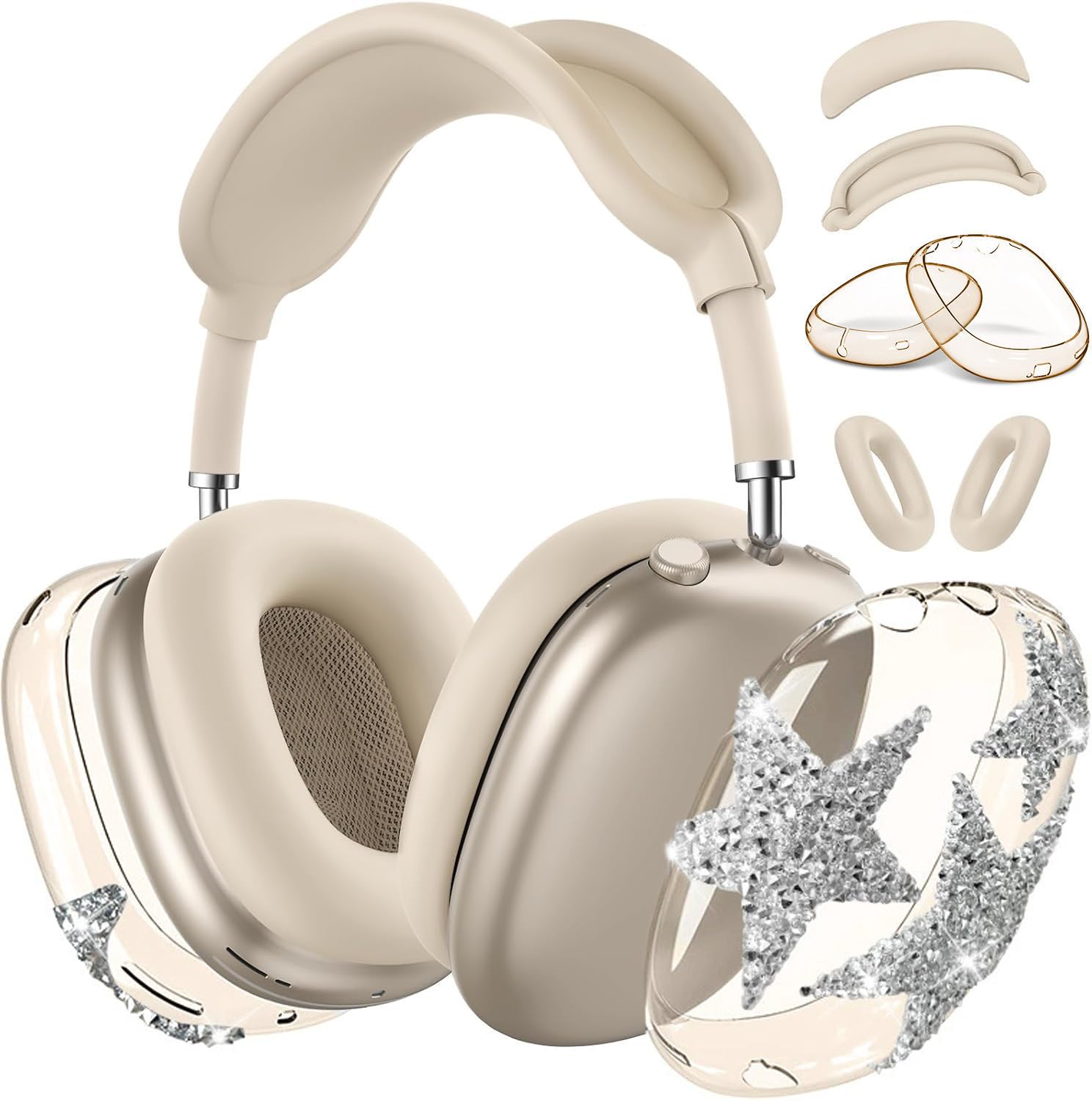 [4 in 1] Case Cover for AirPods Max Headphones (2024/2020) Ear Pad Case Cover/Headband Cover/Ear Cups Cover with Bling Star for Apple AirPods Max Headphones (Beige Star-T)