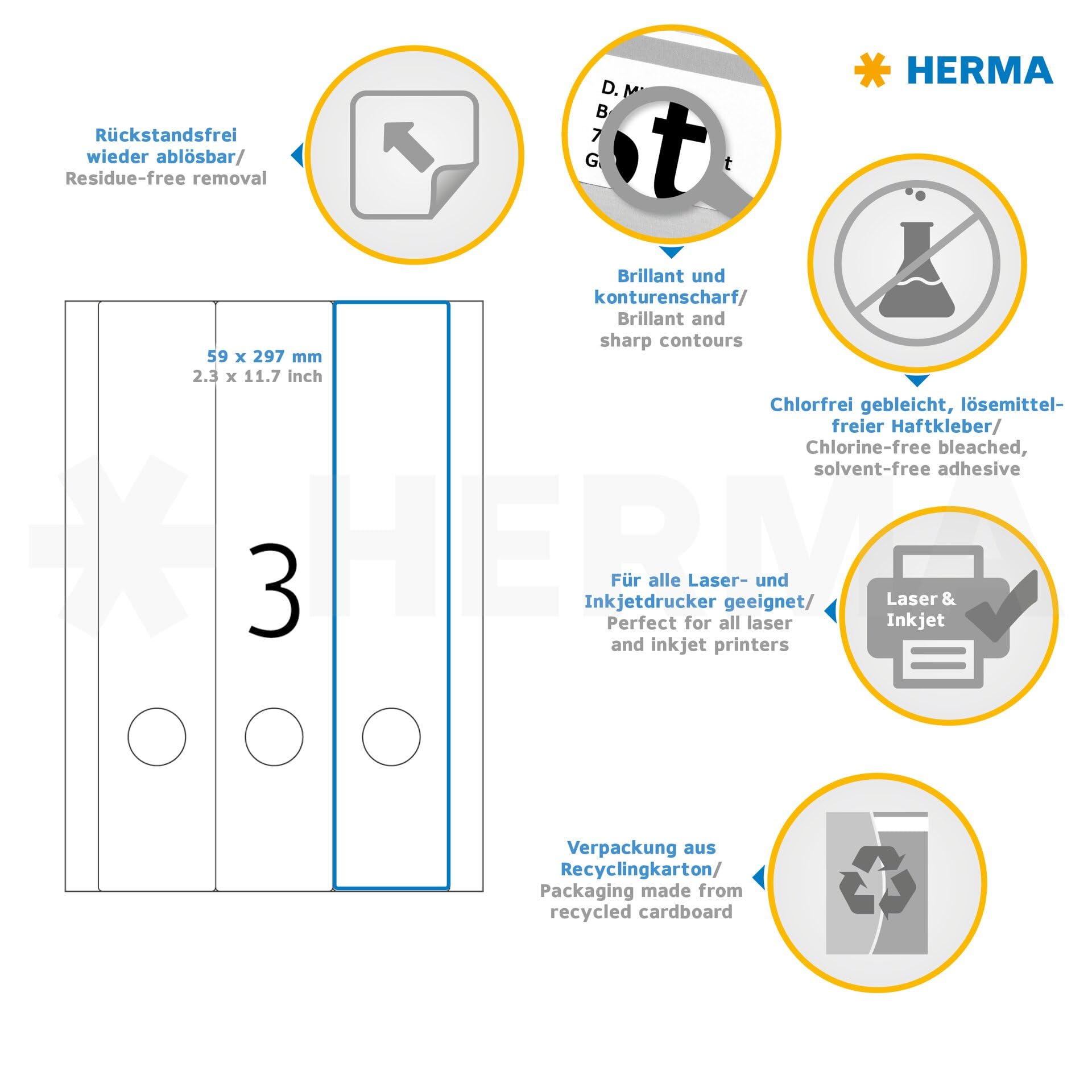 HERMA 10180 Ordnerrücken Etiketten ablösbar lang breit, 800 Blatt, 59 x 297 mm, 3 pro A4 Bogen, 2400 Stück, selbstklebend, bedruckbar, blickdicht, Papier Ordneretiketten Rückenschilder Aufkleber, weiß