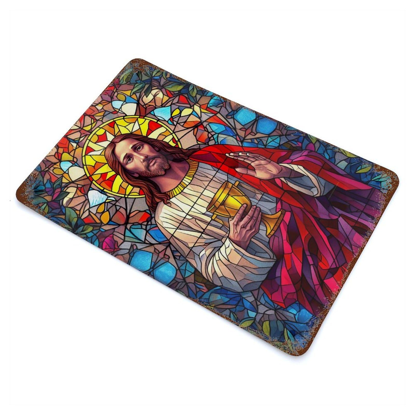 Garage Style Mosaic Jesus 4 Rust Effect Tin Sign 11.8"x7.9", Industrial Home Decor for Bar And Workshop