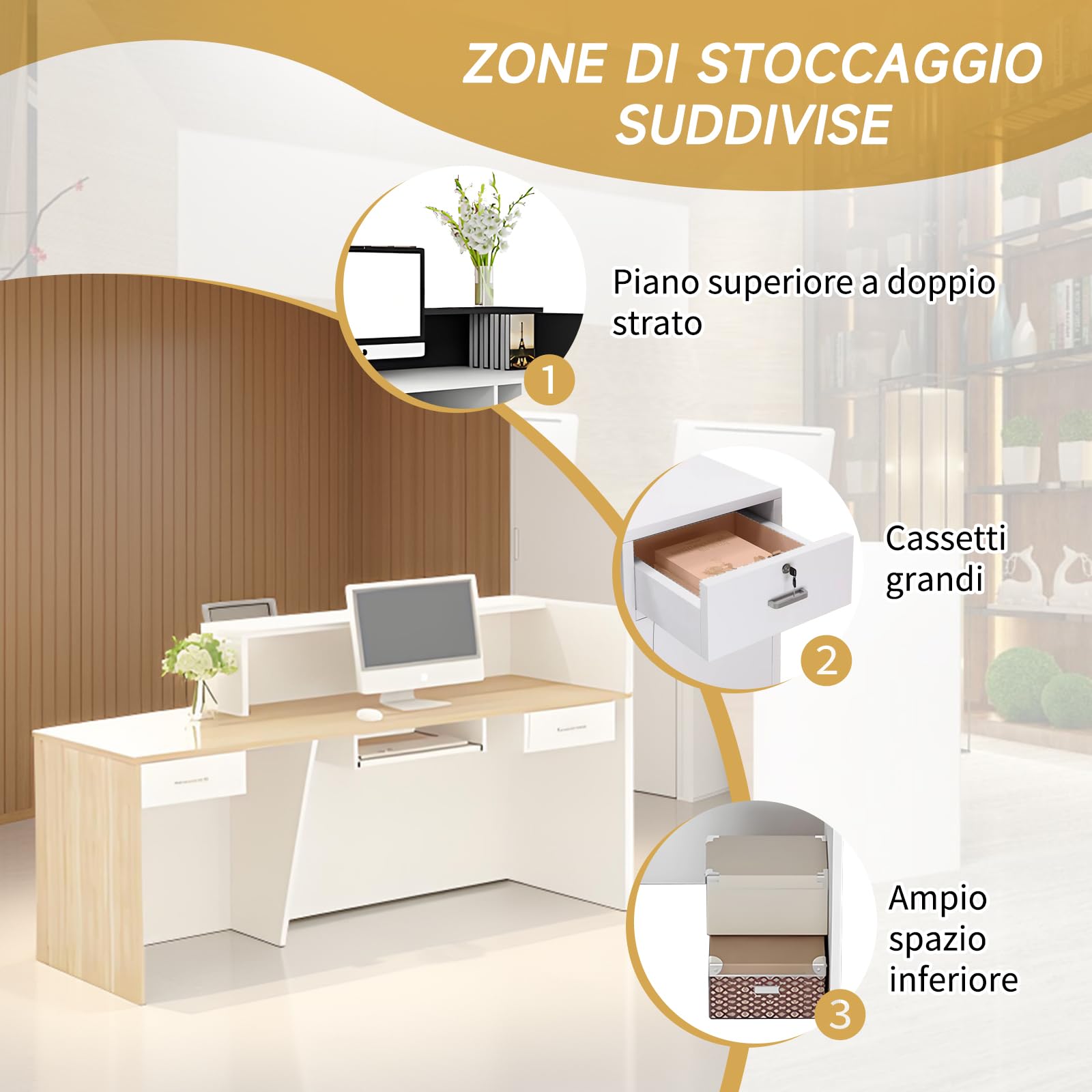 Bancone Reception Moderno con Spazio di Archiviazione, Scrivania Reception da 100–240 cm con Cassetto e Ripiani, Ideale per Uffici, Saloni, Hall e Negozi