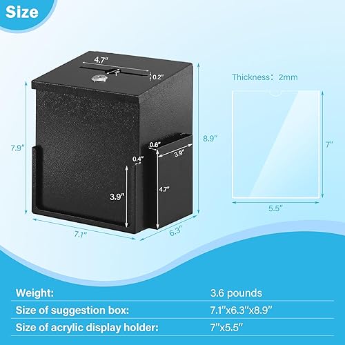 Vista 12 de xydled Urna y caja de donación montada en la pared con 50 tarjetas de sugerencia, caja de sugerencias de metal con cerradura de llave, caja