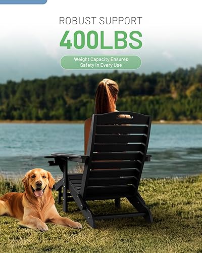 Miniatura 7 de Silla plegable Adirondack con otomana retráctil, resistente a la intemperie, silla de patio con 2 portavasos, silla de jardín al aire libre (negro)