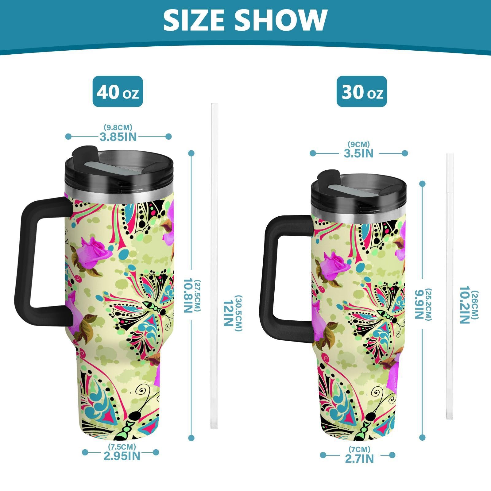 Isolierter Becher mit Blumenmotiv und Schmetterling, doppelwandig, Edelstahl, Wasserflasche, Kaffeetasse, Reisebecher mit Griff, Strohhalm-Deckel