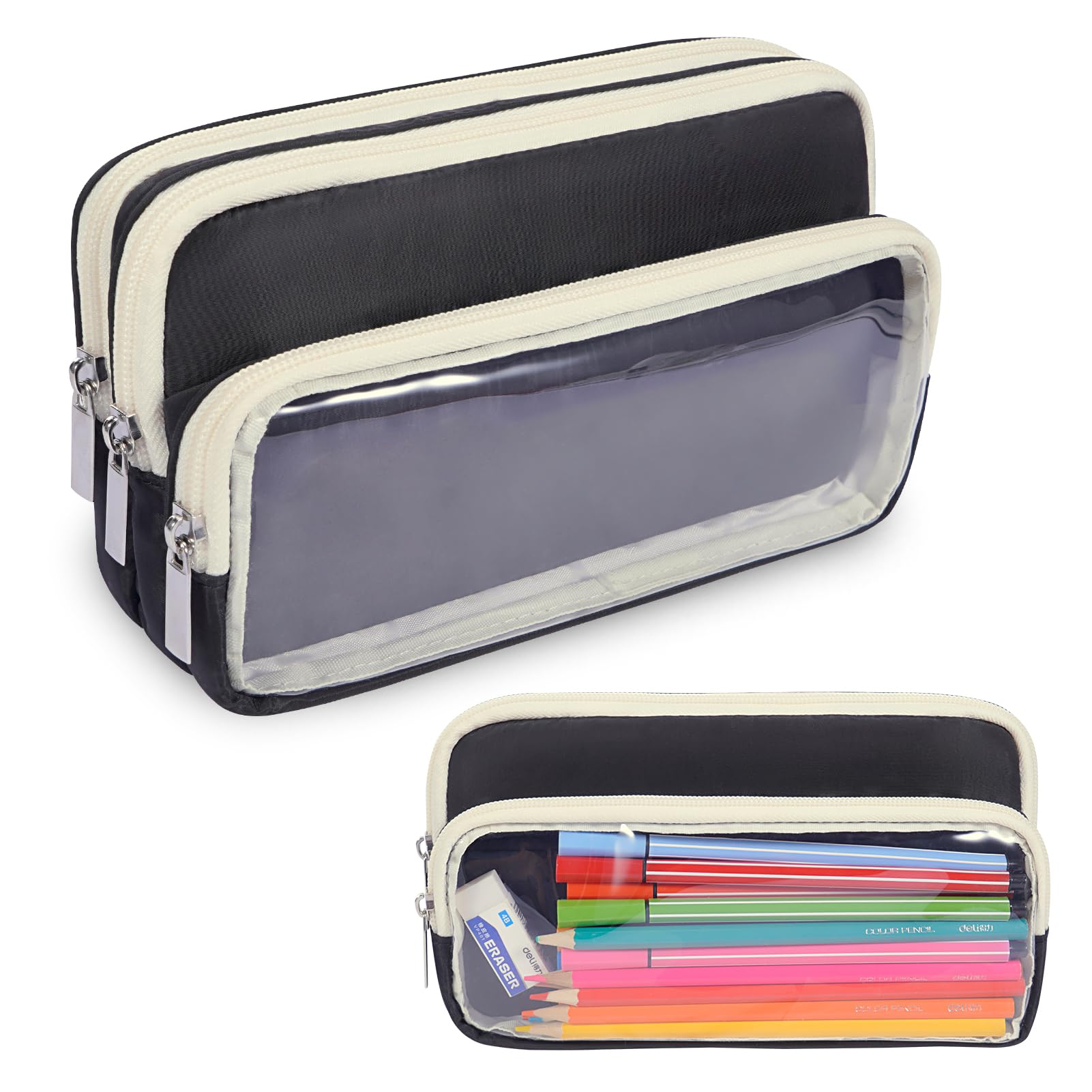 FINPAC Federmäppchen Mäppchen mit 3 Fächer, Große Kapazität Federtasche mit Transparenter Fäche Stiftetasche Schlamperbox Bleistifttasche Schulmäppchen Pencil Case für Schule Büro (Schwarz)