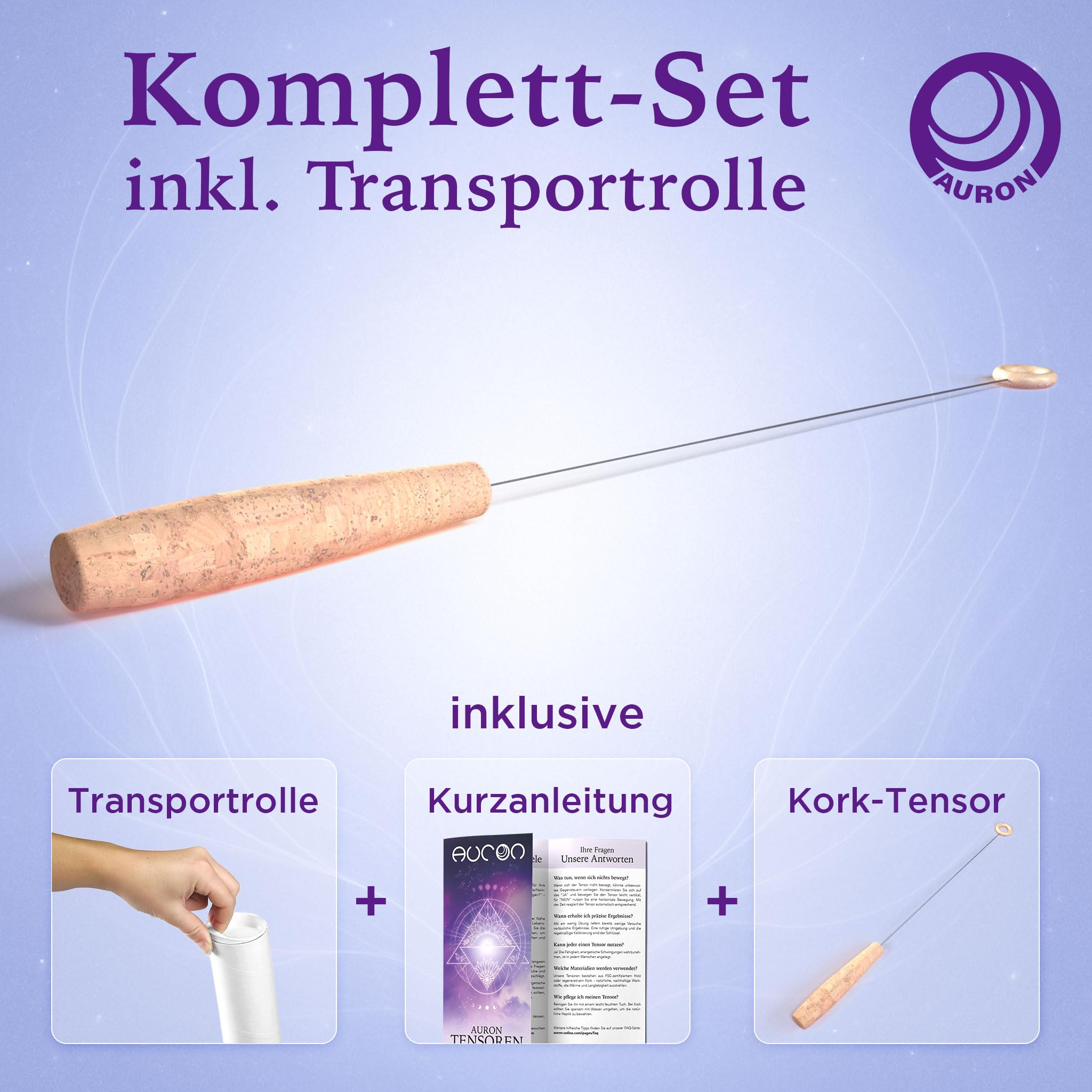 AURON Tensor Einhandrute Korkgriff mit Holzring, 43cm, Ultraleicht & sensibel nur 17g, inkl Transportrolle und Anleitung, Handgefertigt in Deutschland