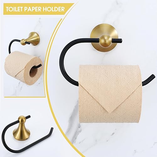 Miniatura 5 de Juego de accesorios de baño dorados y negros, 4 piezas de accesorios de baño negros y dorados, barra de toalla de acero inoxidable de 23.6 pulgadas,