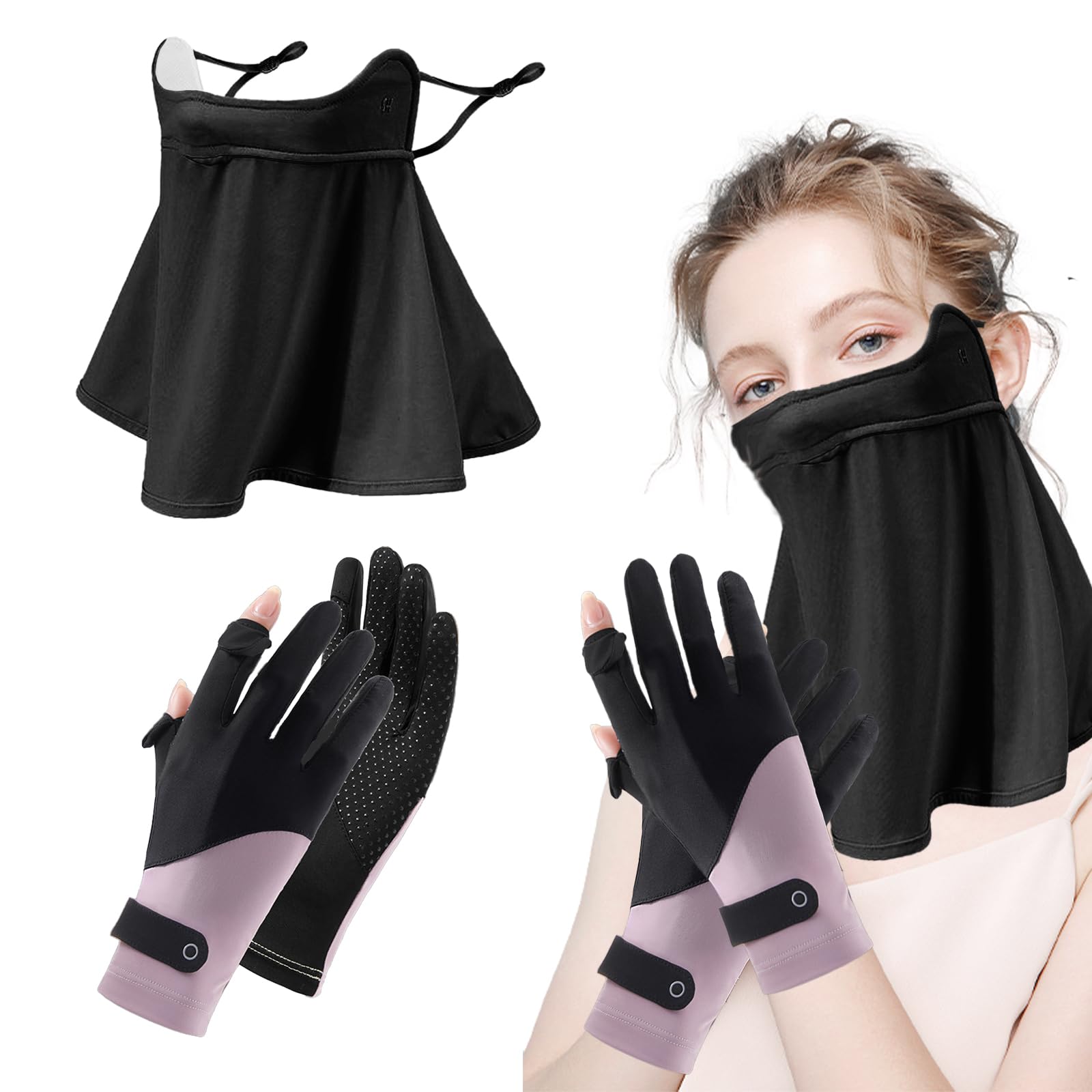 1+1 Professional UPF 50+ Women Sun Protection Gloves and Extended Neck Cover Mask Set Flip Up Touchscreen Gloves Resist UV Rays Set Ice Sunscreen Mask