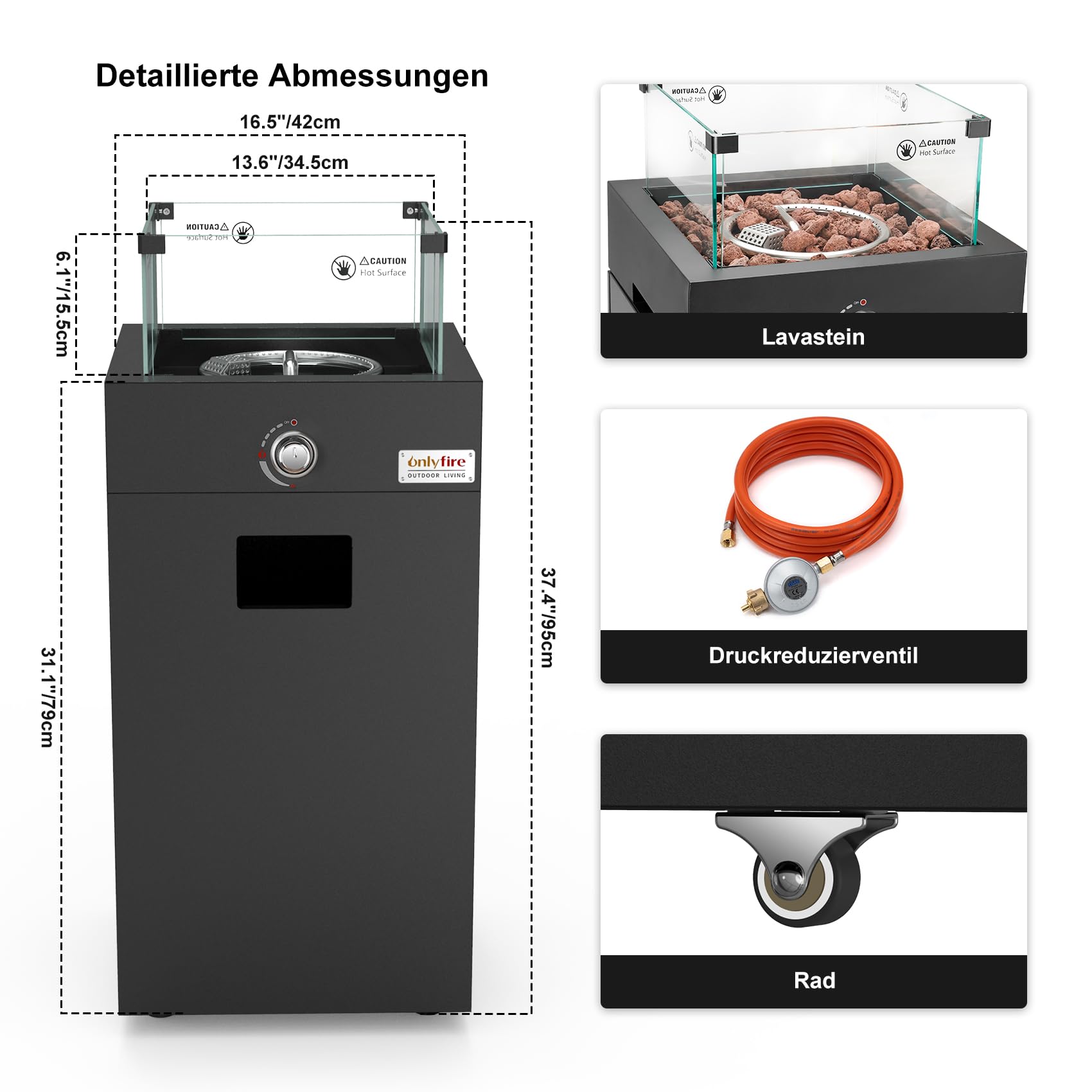 Onlyfire Abnehmbare Gas Feuerstelle, Quadratische Outdoor Gas Feuertisch mit Glaswindschutz, Rollen und Lavasteine, Terrassenfeuer mit Elektronische Zündung, 6,85KW, für Garten und Balkon, Schwarz