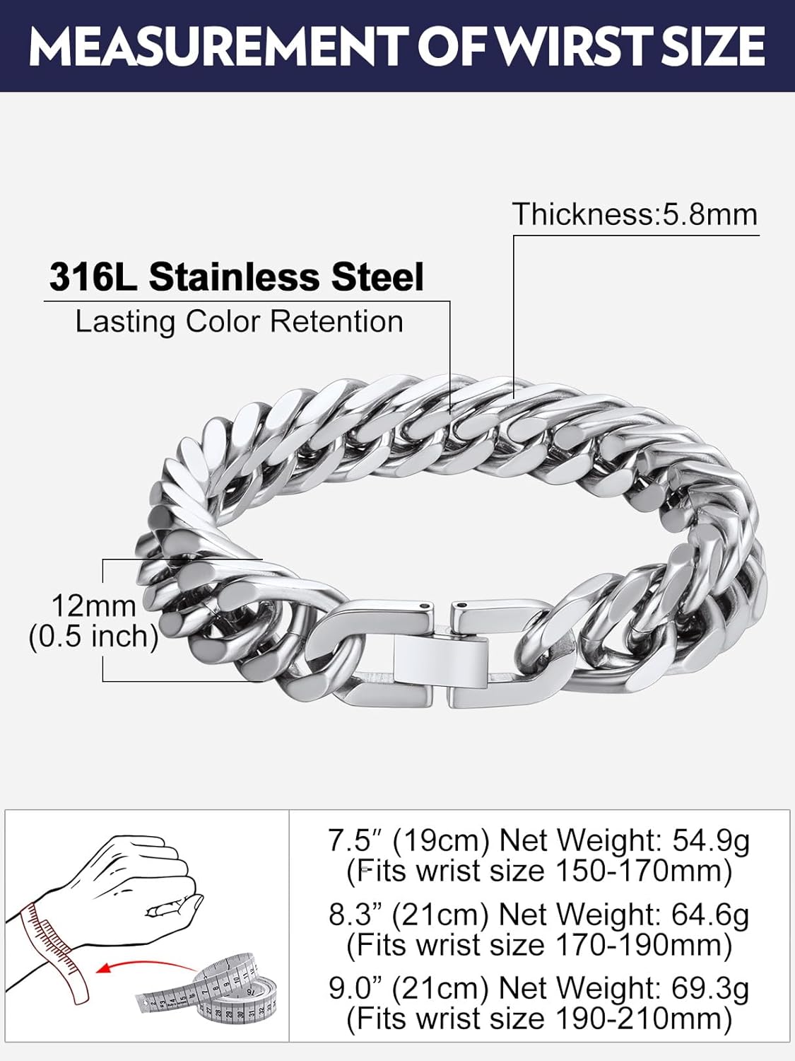 Bandmax Cuban Chain Bracelets for Men Women, Stainless Steel/Black/Gold Plated Hip Hop Chunky Miami Curb Link Wristlet Bracelet Gift for Son Grandson Husband Father - Image 6