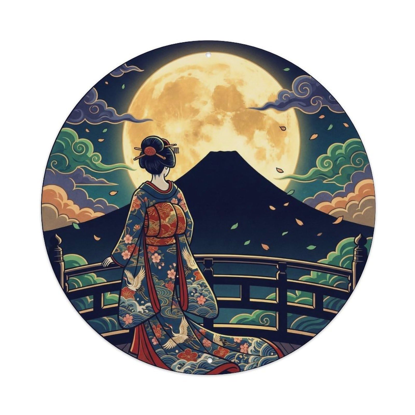 Japanese Full Moon Fuji Geisha Viewing Metal Tin Sign