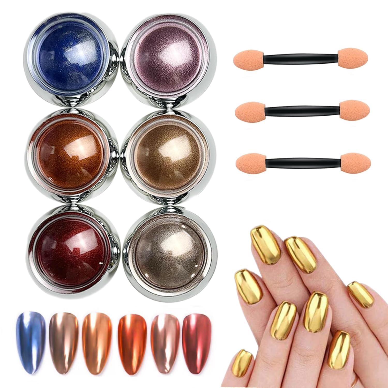 6 Colors Chrome Nail Powder Set,Metallic Mirror Effect Nail Art Powder,Holographic Pigment Glitter Dust for Gel Polish Manicure Decoration with 6 Eyeshadow Sticks (07)-image-34
