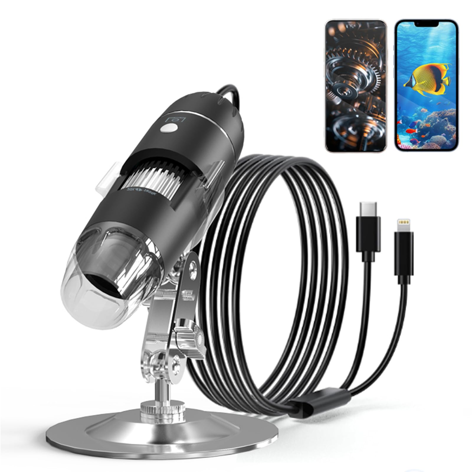 USB Digital Microscope Camera Magnification 50X-1600X Handheld HD Inspection Camera with 1920P HD Adjustable Stand 8 LED Lights, Portable Microscope Compatible with iOS and Android Devices