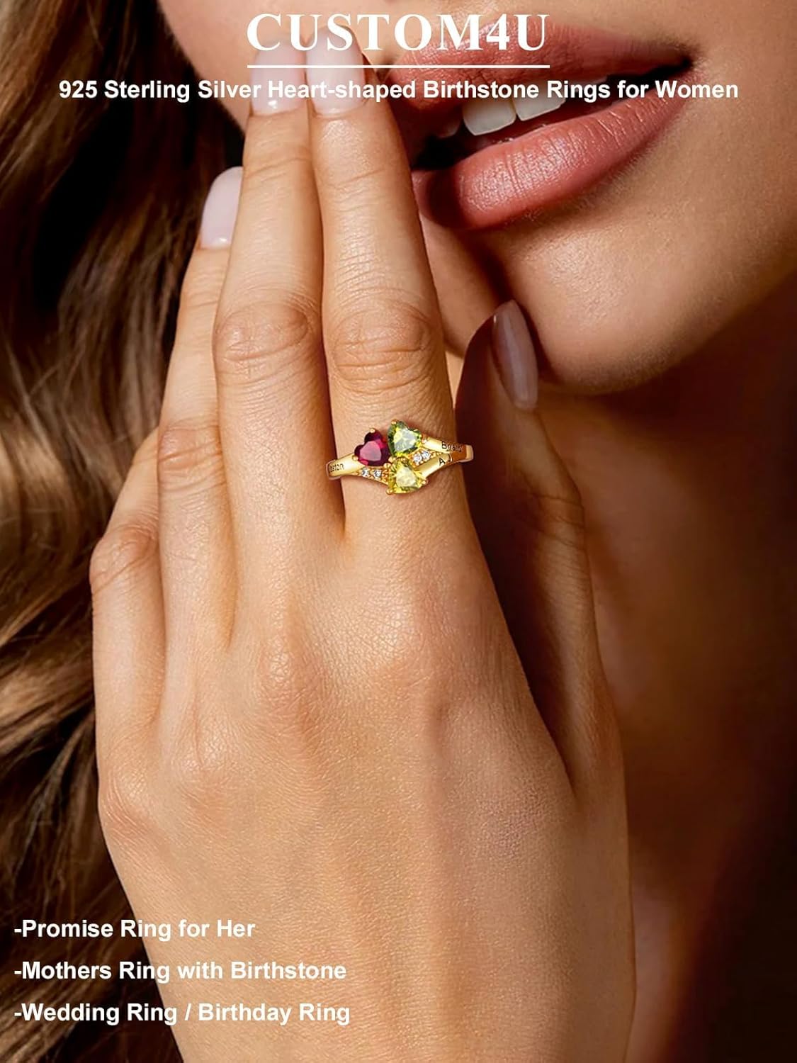 Custom4U Personalized 1-4 Birthstone Rings for Women Promise Rings for Her Sterling Silver Mothers Ring Customized Cubic Zirconia Stones Wedding/Valentine's Day/Mother's Day Jewelry Gift for Mom Wife