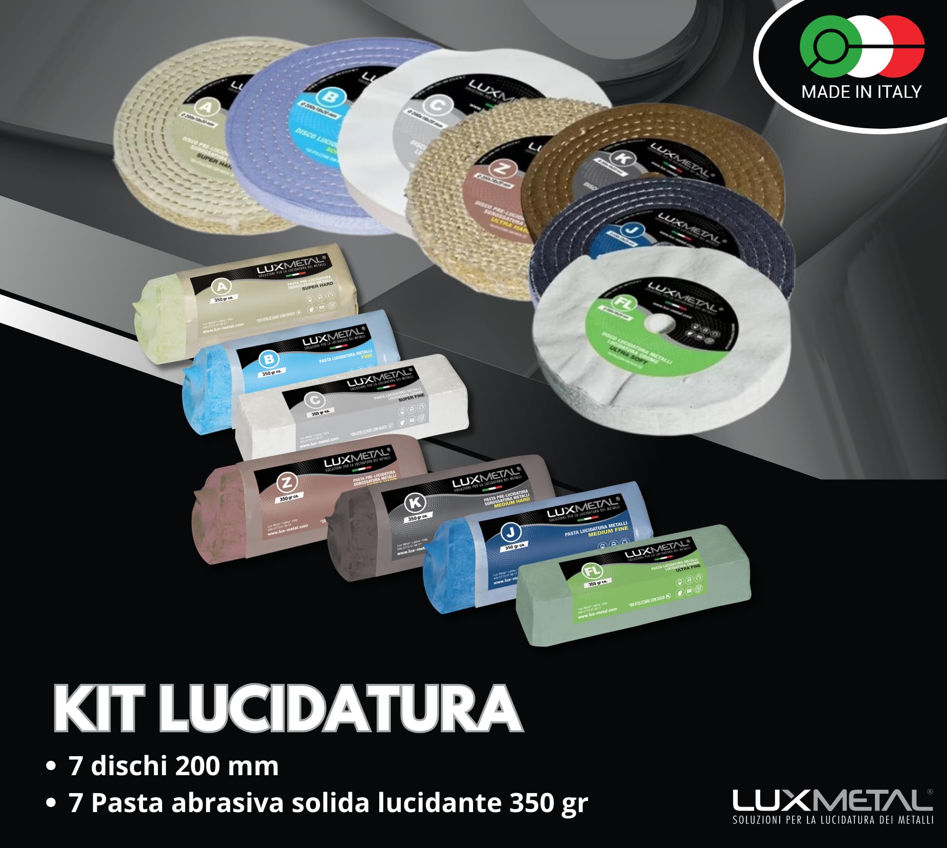 Lux Metal - Kit 7 Disco Lucidante 200 mm e 7 Pasta Abrasiva Lucidante 350 gr - Per Alluminio, Ferro, Acciaio Inox, Bronzo, Marmo - Ruota Lucidatura Metalli Mola Smerigliatrice Feltro