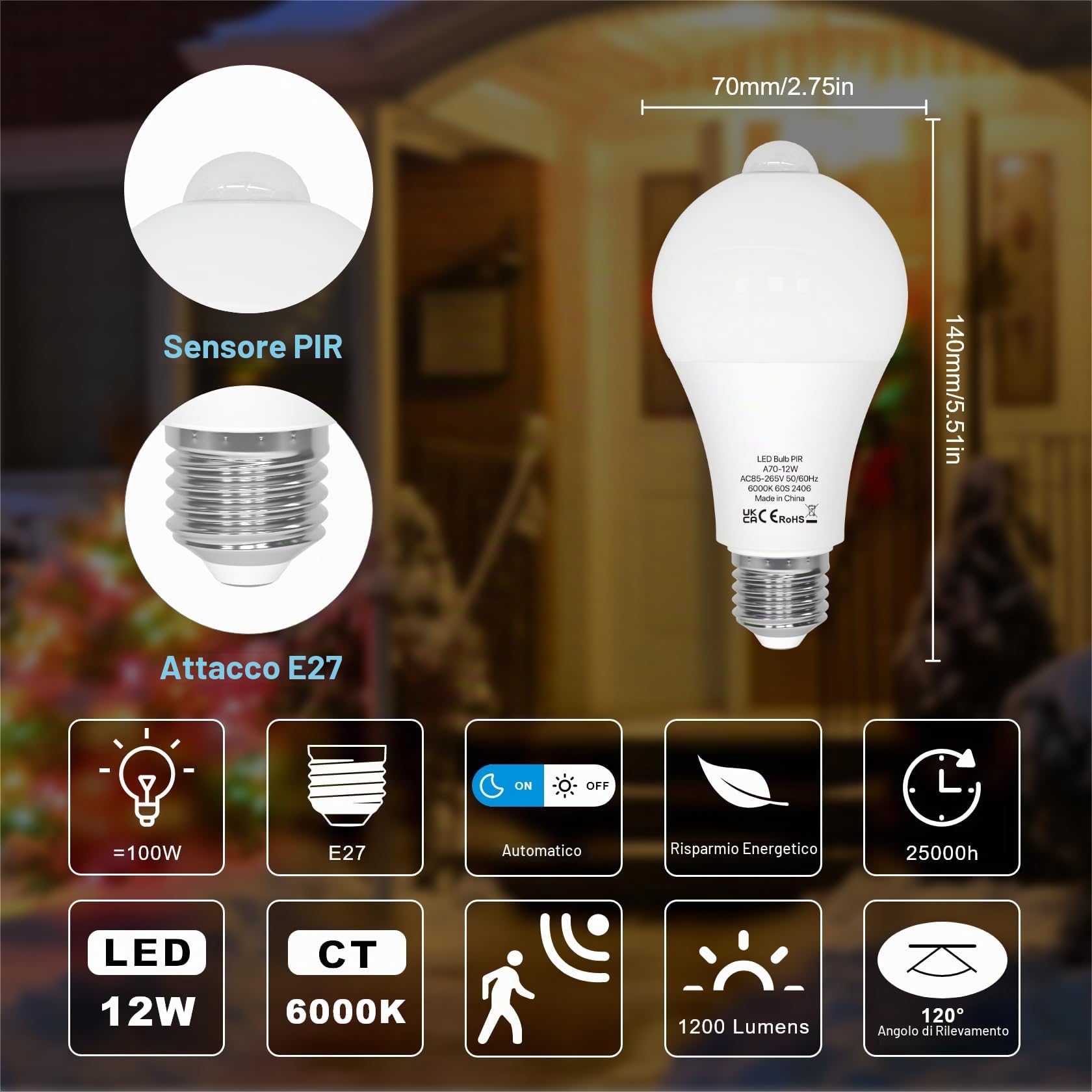 Lampadina con Sensore di Movimento, Lampadine LED E27 12W 1200LM Luce Bianca Fredda 6000K Auto On/Off, E27 lampada con sensore di movimento, per Corridoio, Garage, Scale, 2 Pezzi