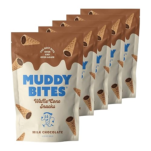 Muddy Bites - Pasabocas rellenos de chocolate en forma de miniconos de gofre para helado chocolate con leche 5 bolsas