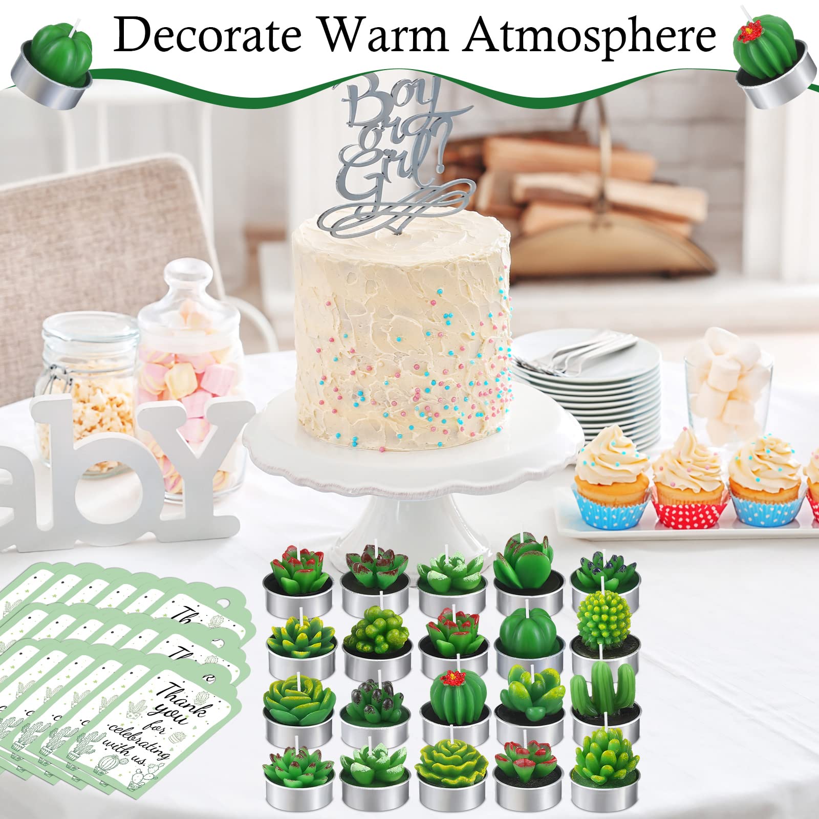 Lounsweer 60 Pcs Scented Succulent Cactus Candles Bulk Mini Succulent Tealight Candles with 60 Thank You Gift Tags 60 Organza Bags Christmas Wedding Gifts for Guests Baby Shower
